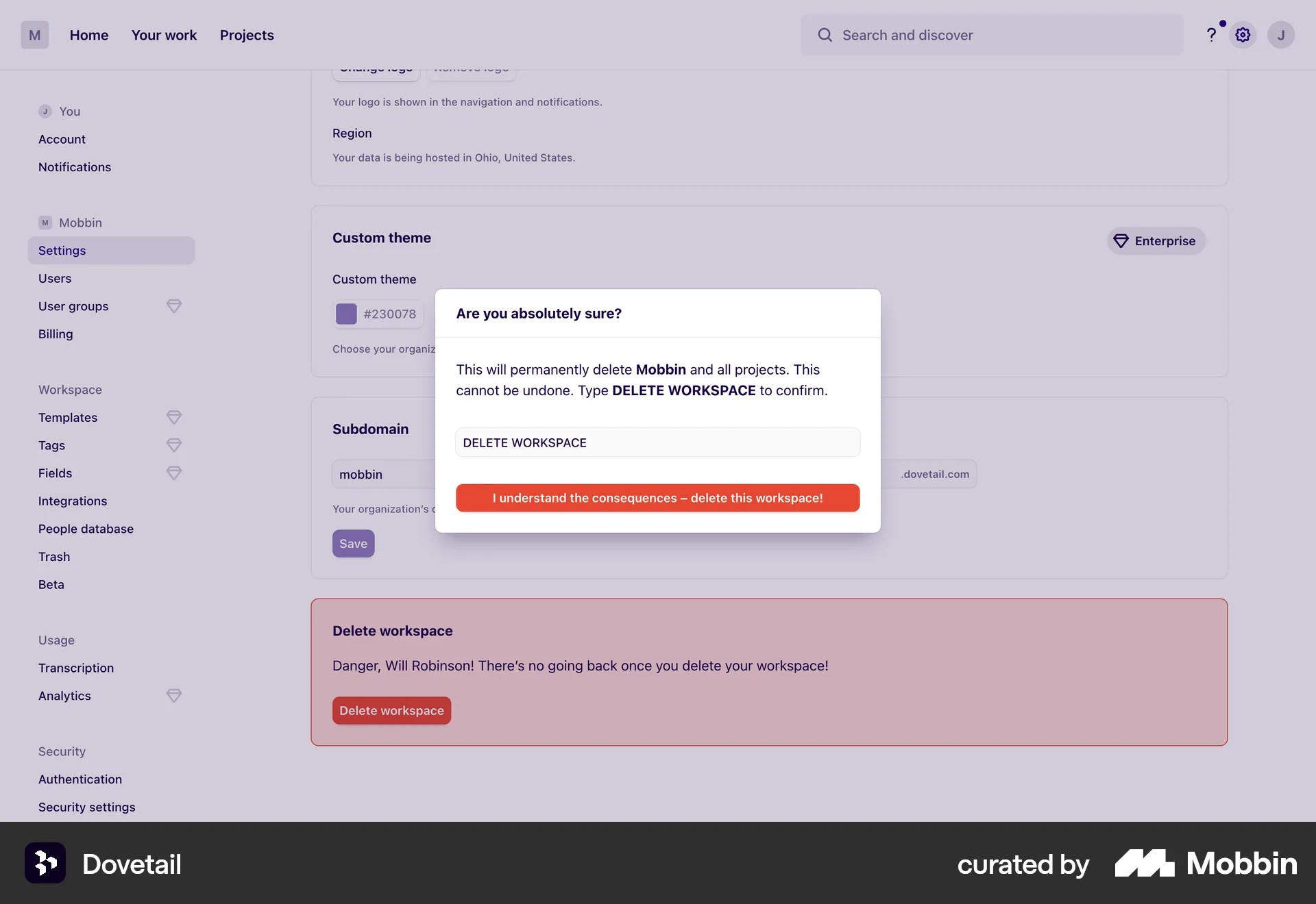 Dovetail Web Delete screen