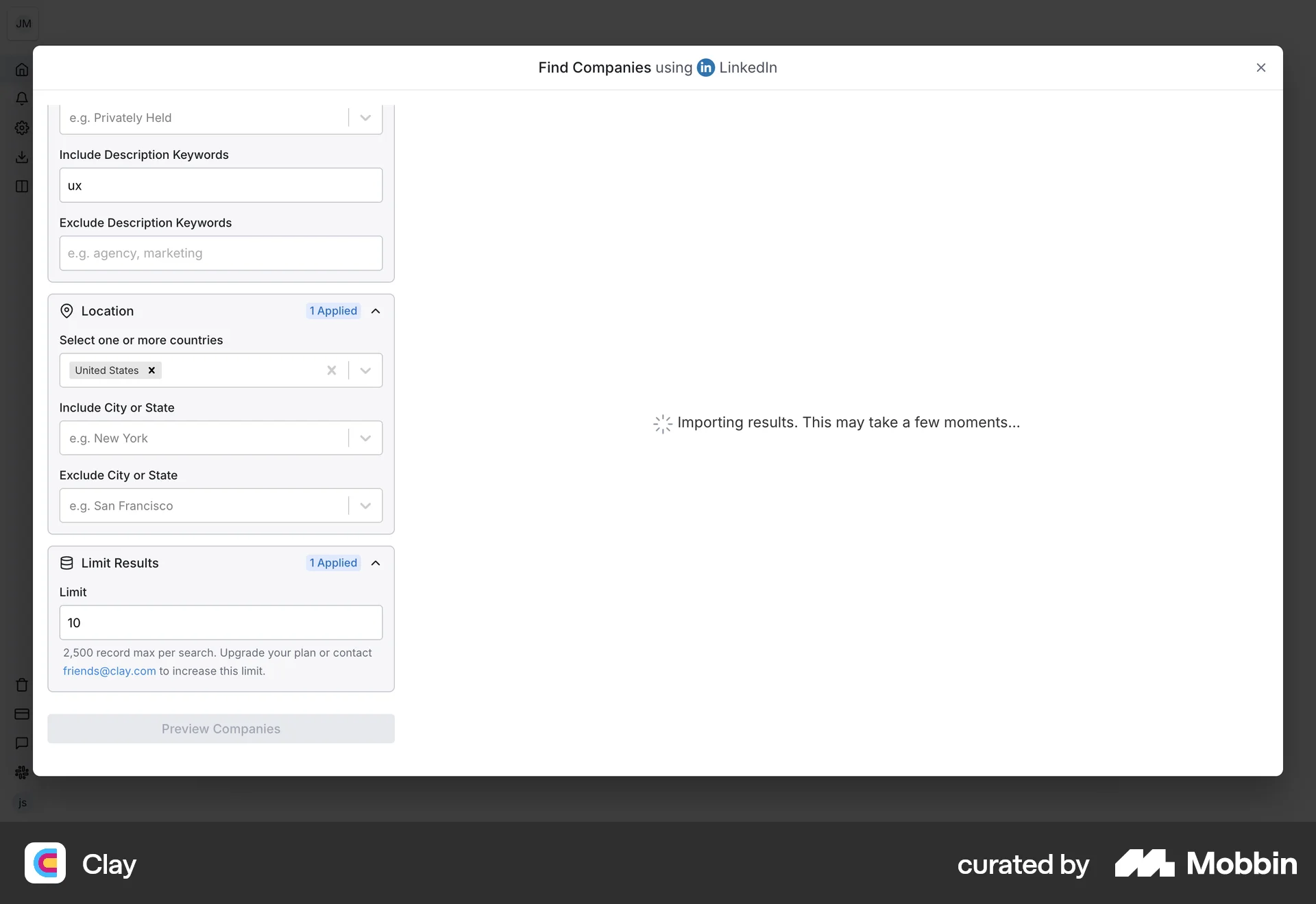 Clay Web Import & Export screen