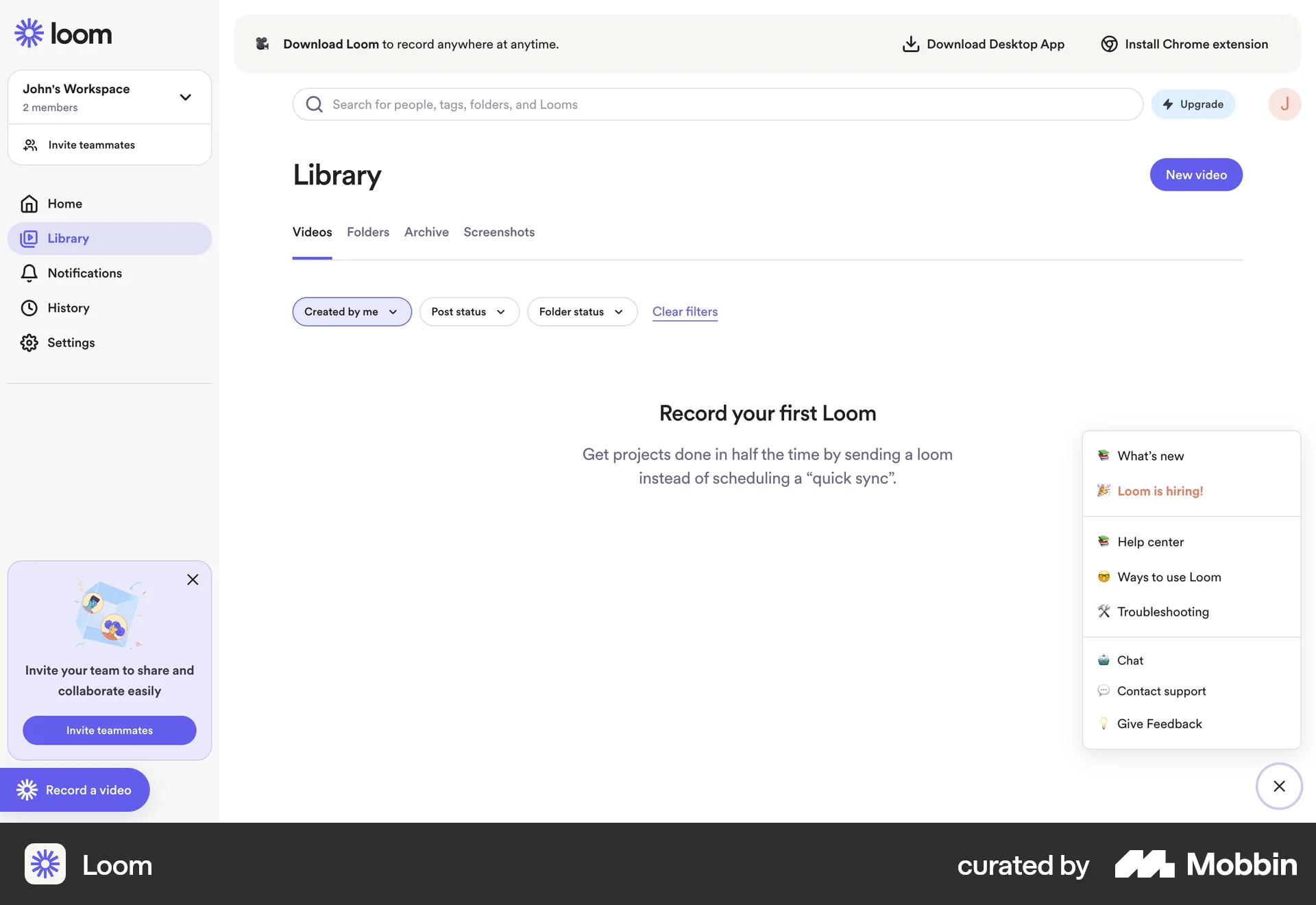 Loom Web Help & Support screen