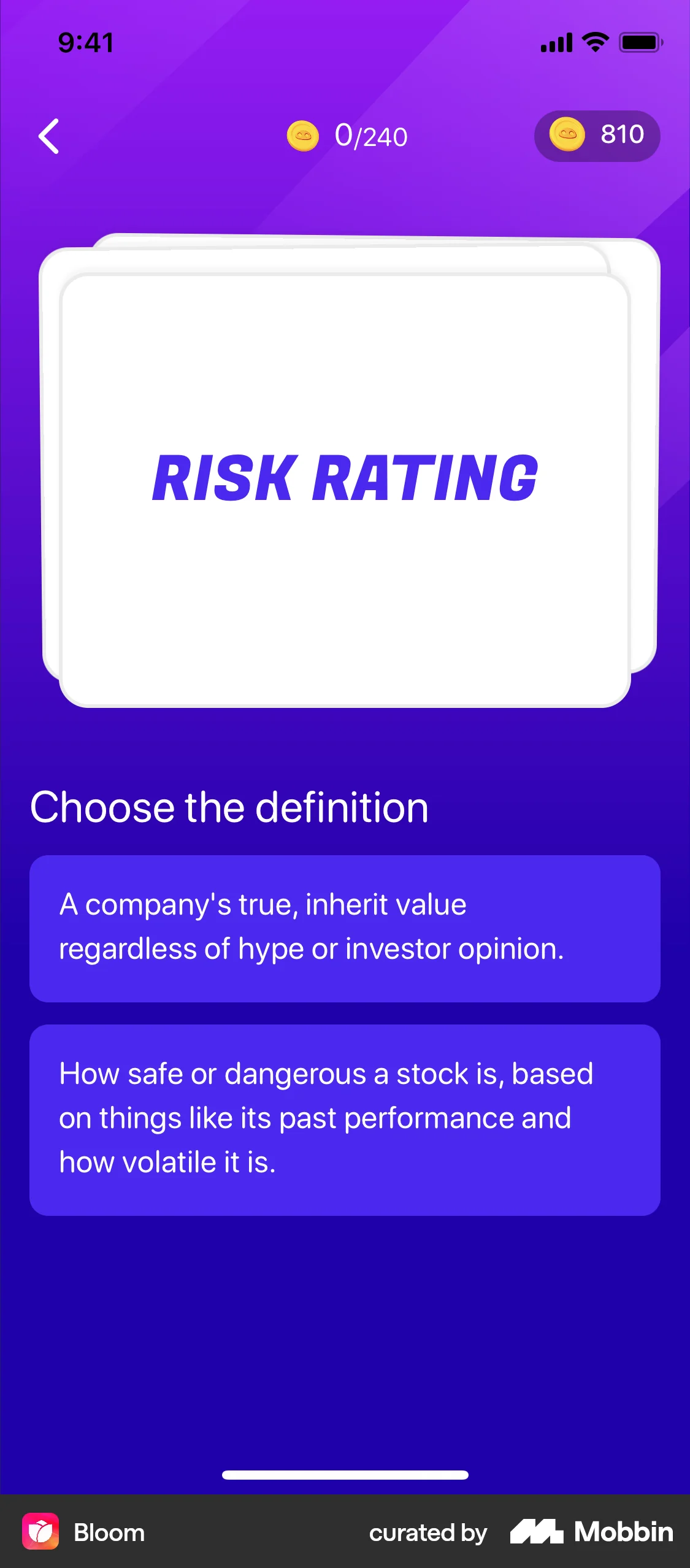 Bloom iOS Quiz screen