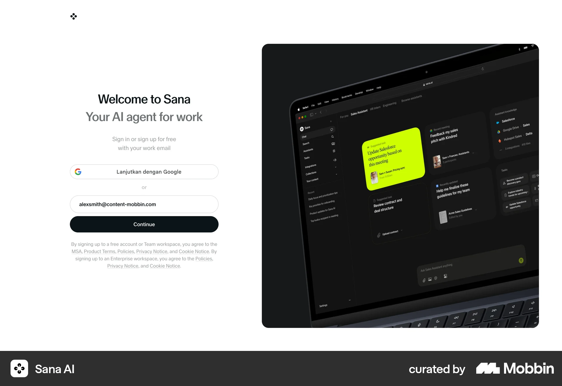 Sana AI Logging in screen