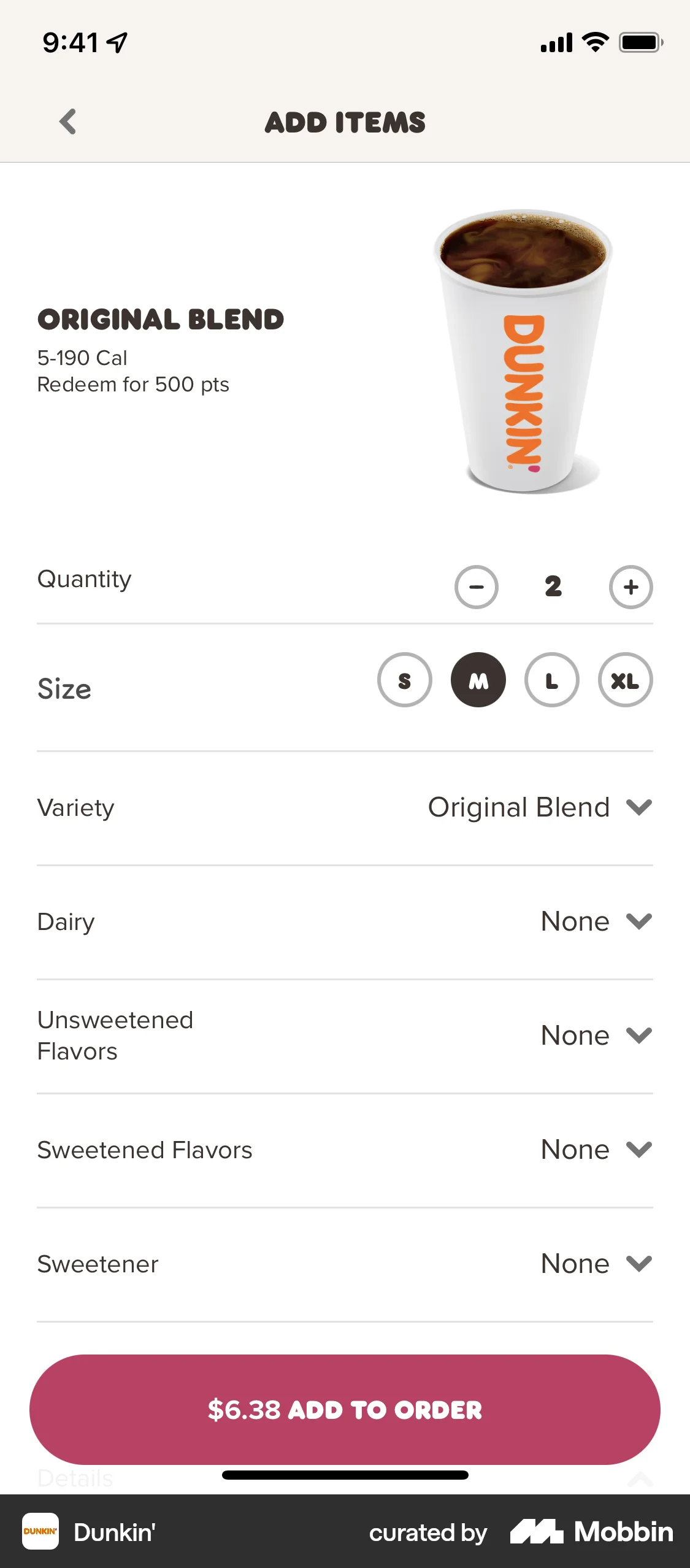 Dunkin' iOS screen containing Stepper UI element