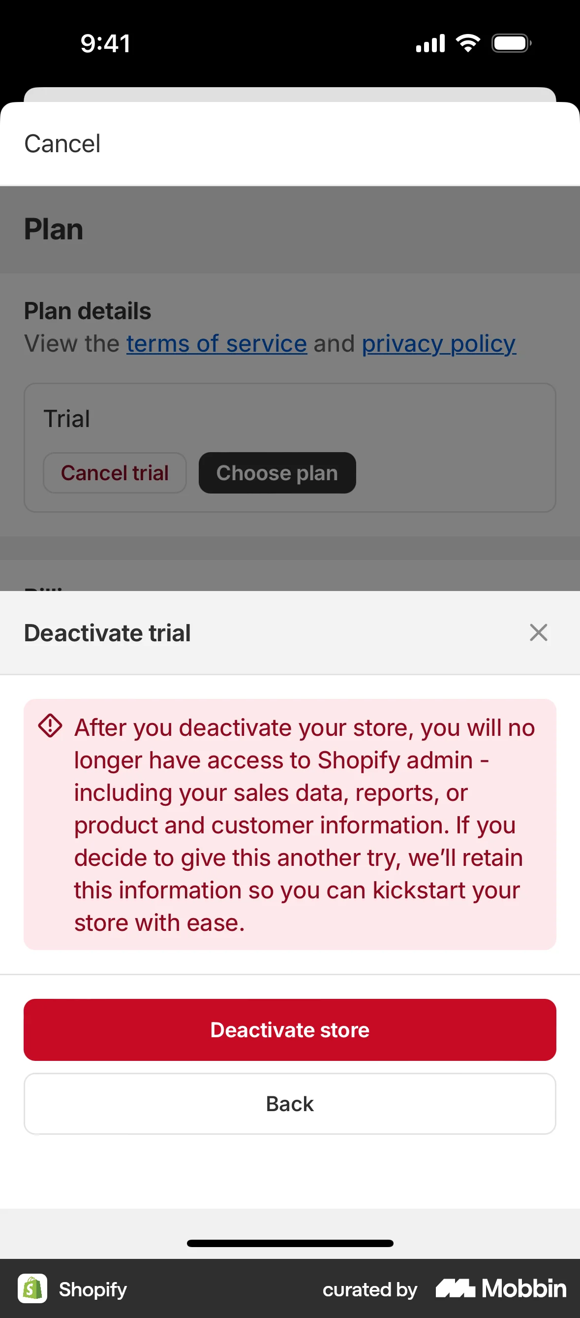 Shopify iOS Delete & Deactivate Account screen