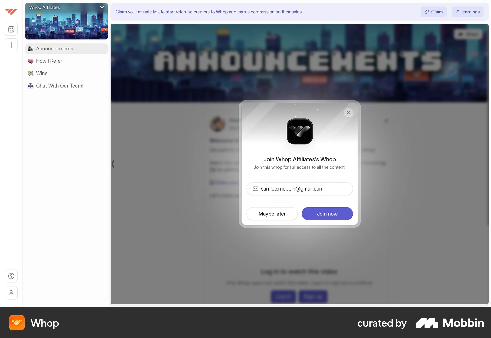 Whop Web Other Action screen