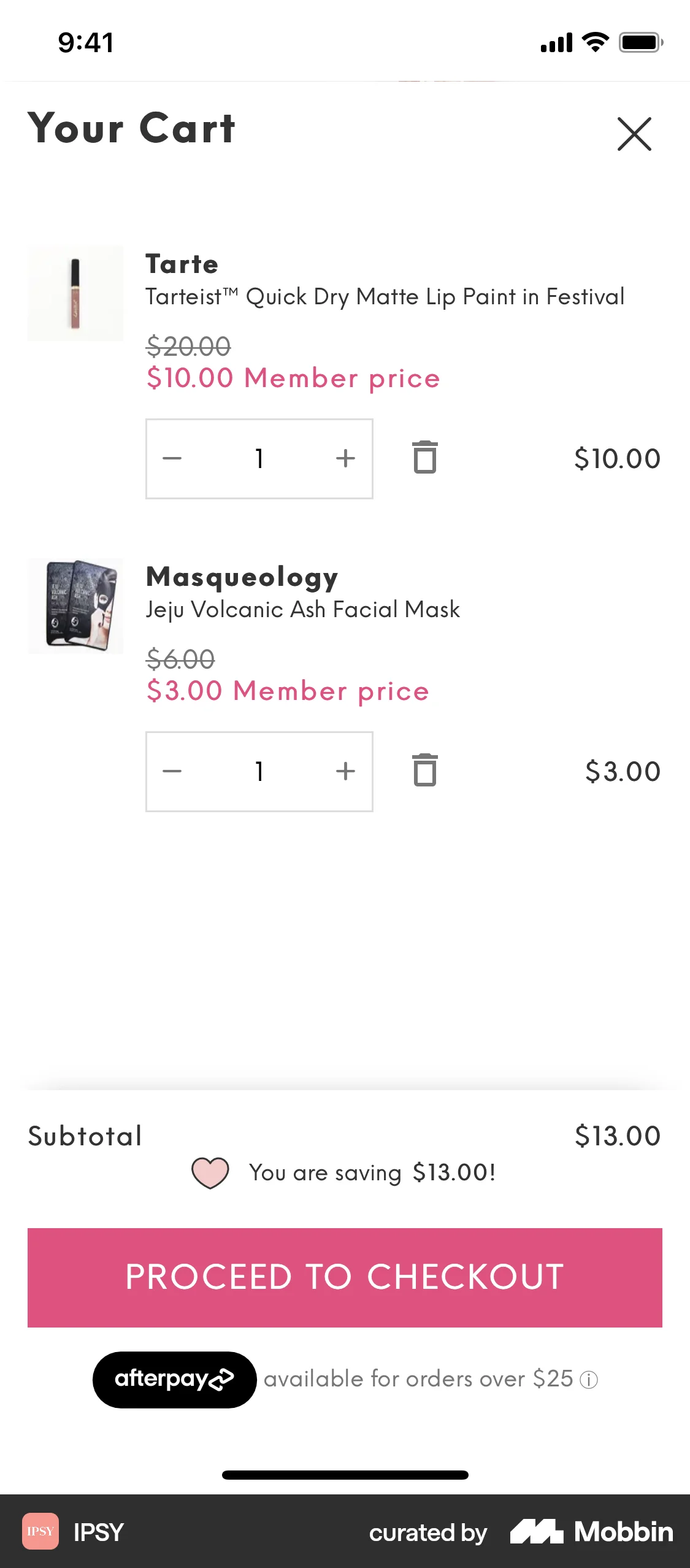 IPSY iOS Mobile Shopping Cart screen