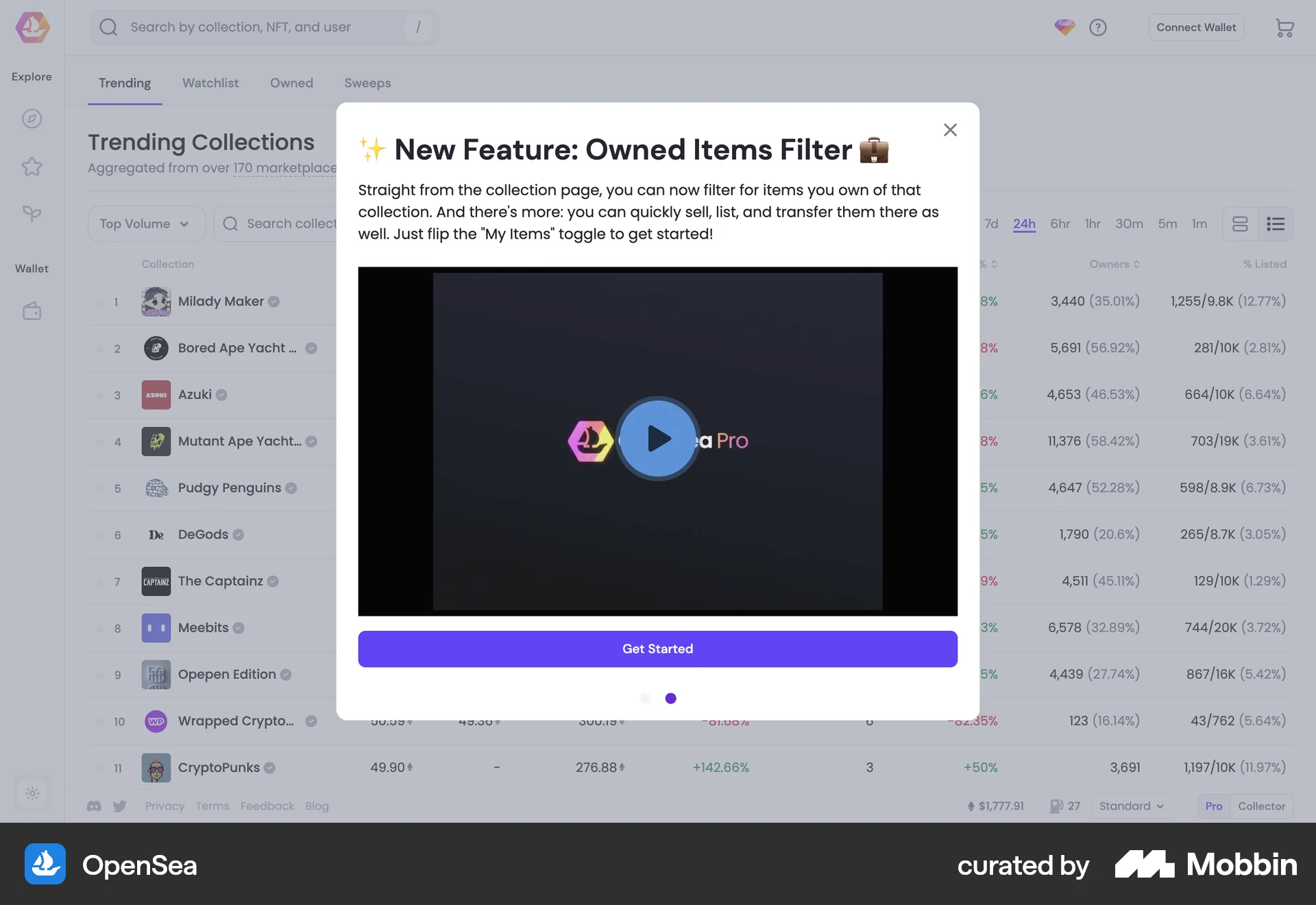 OpenSea Web Feature Info screen