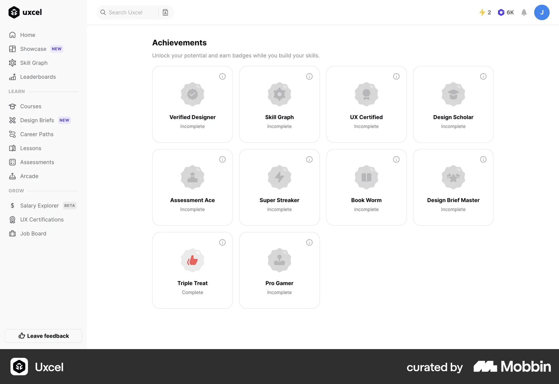 Uxcel Web Achievements & Awards screen