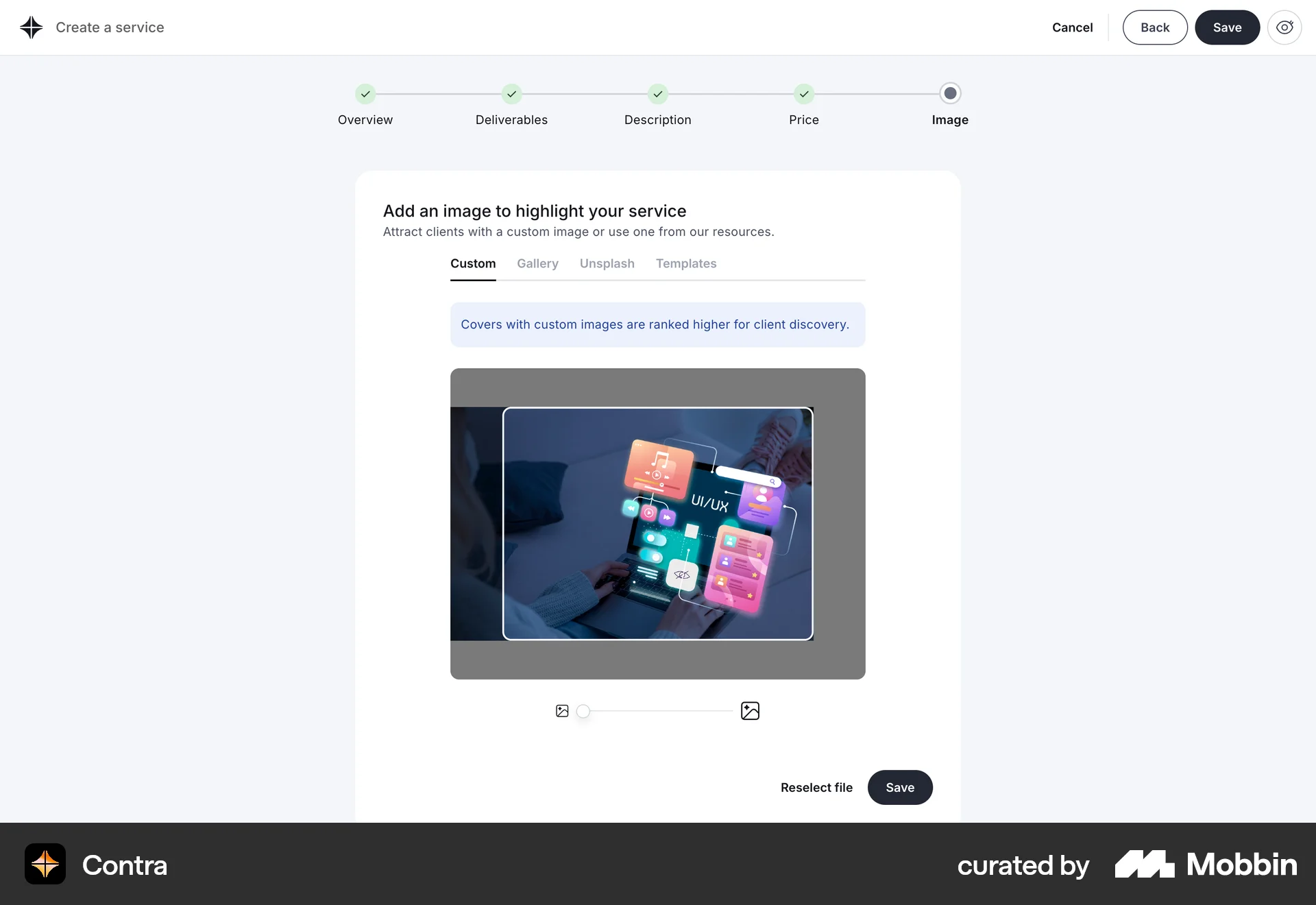 Contra Web Media Editor screen