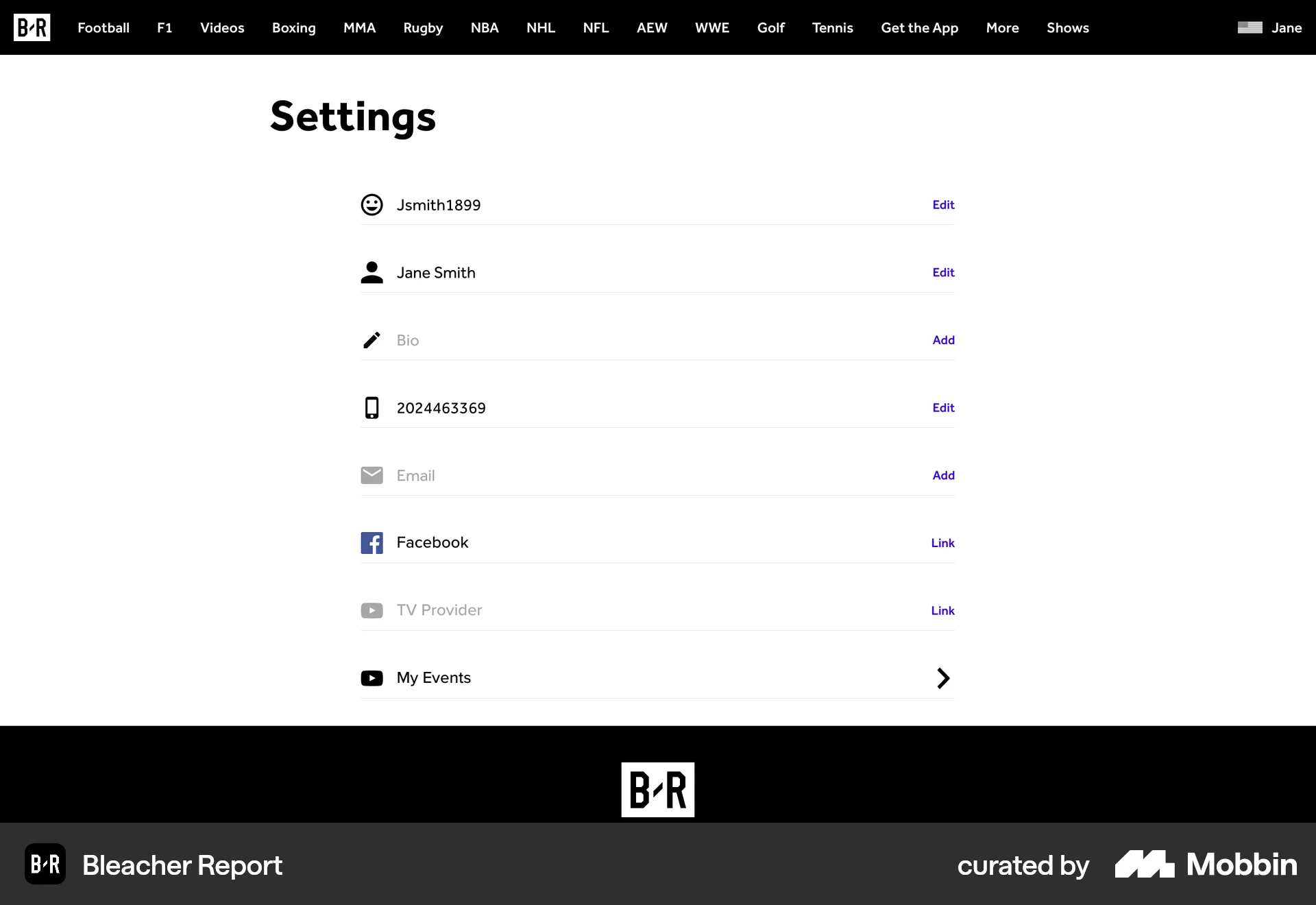 Bleacher Report Web Sports App screen