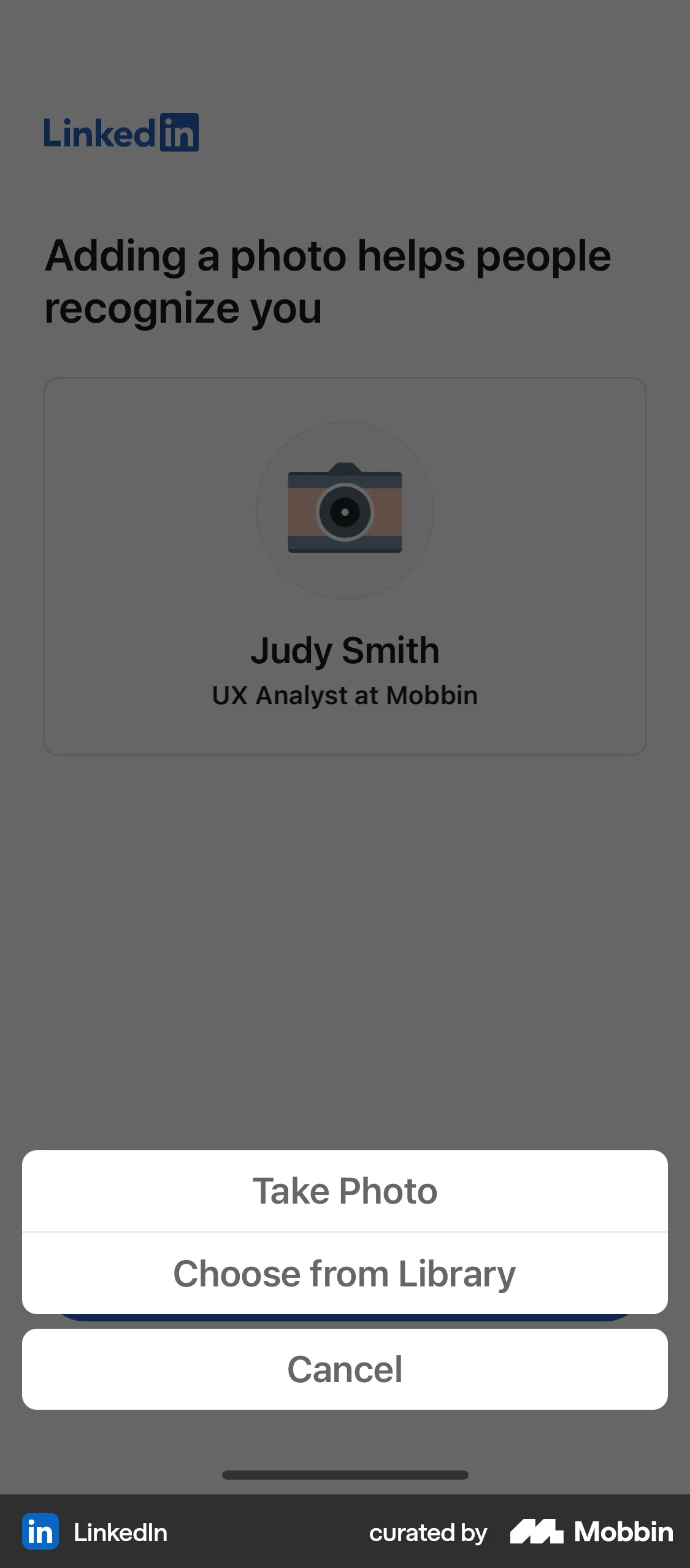 LinkedIn iOS screen containing Action Sheet UI element