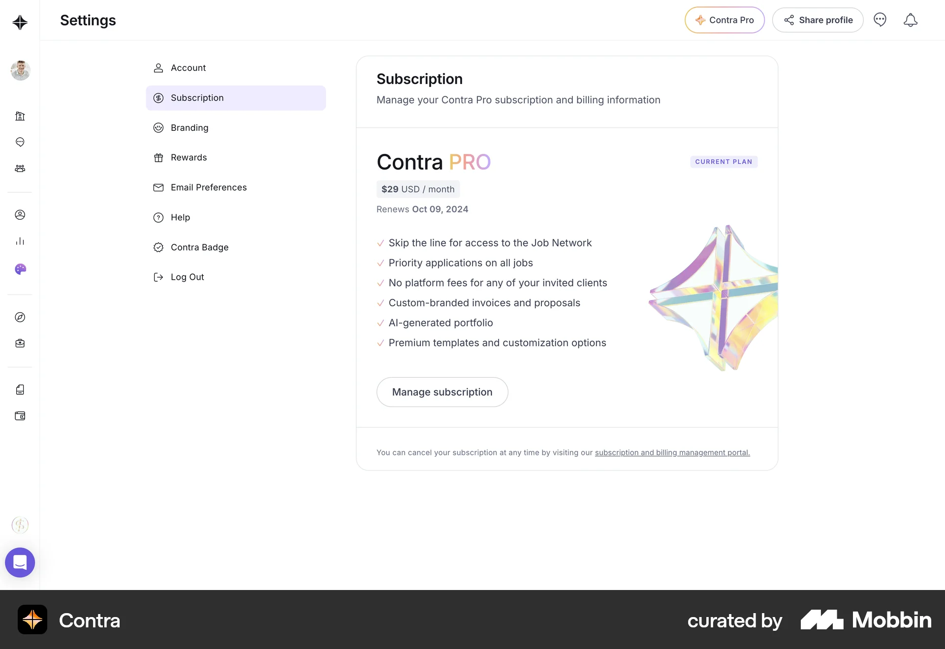 Contra Web Billing screen