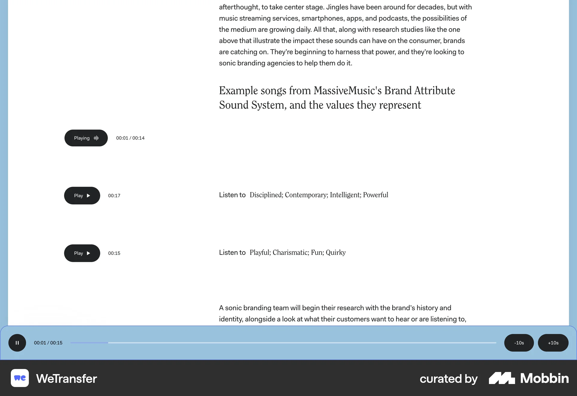 WeTransfer Web Audio Player screen