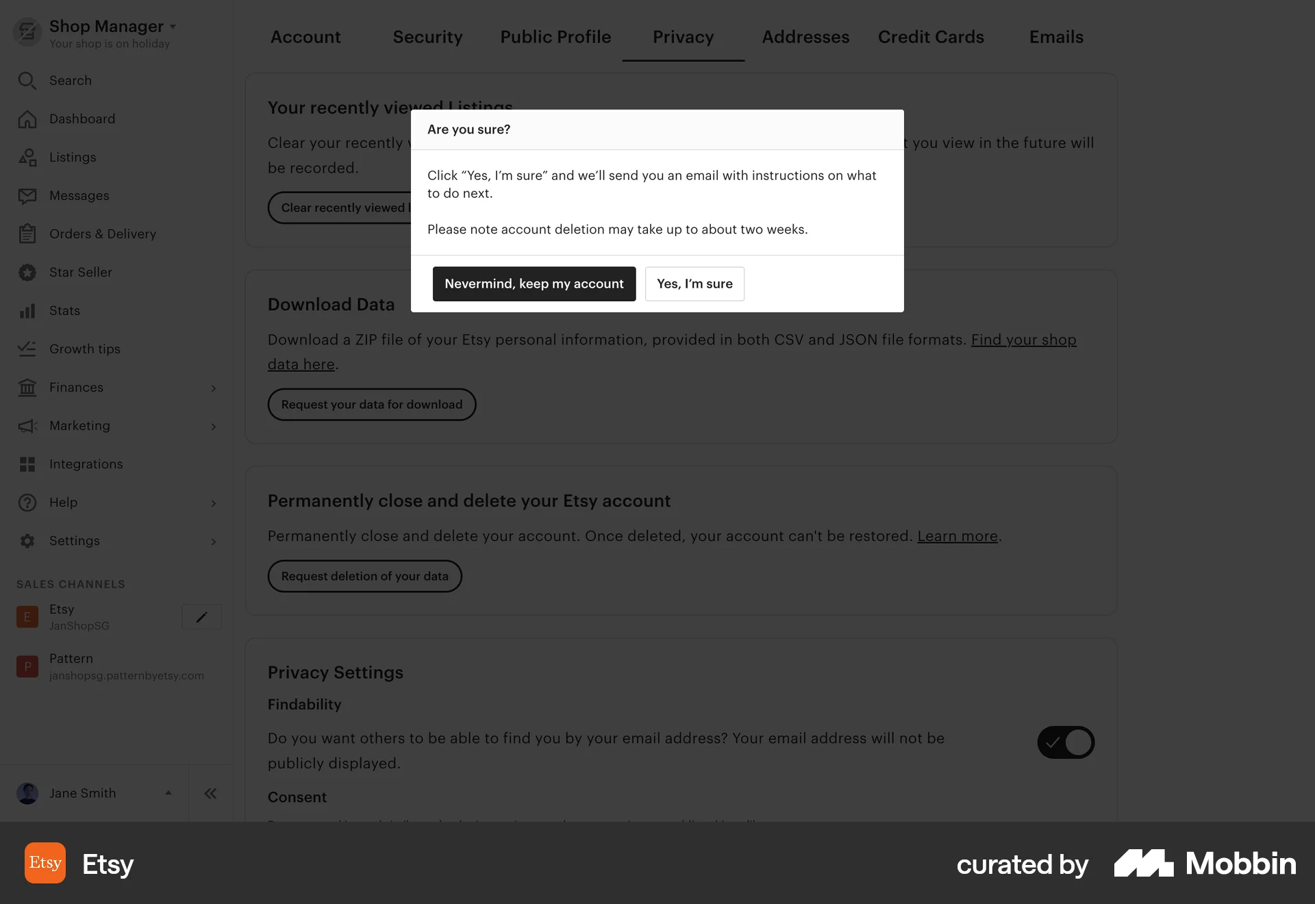 Etsy Web Delete & Deactivate Account screen