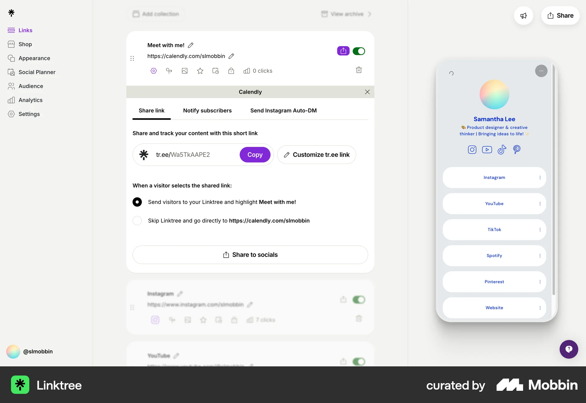 Linktree Web Share screen