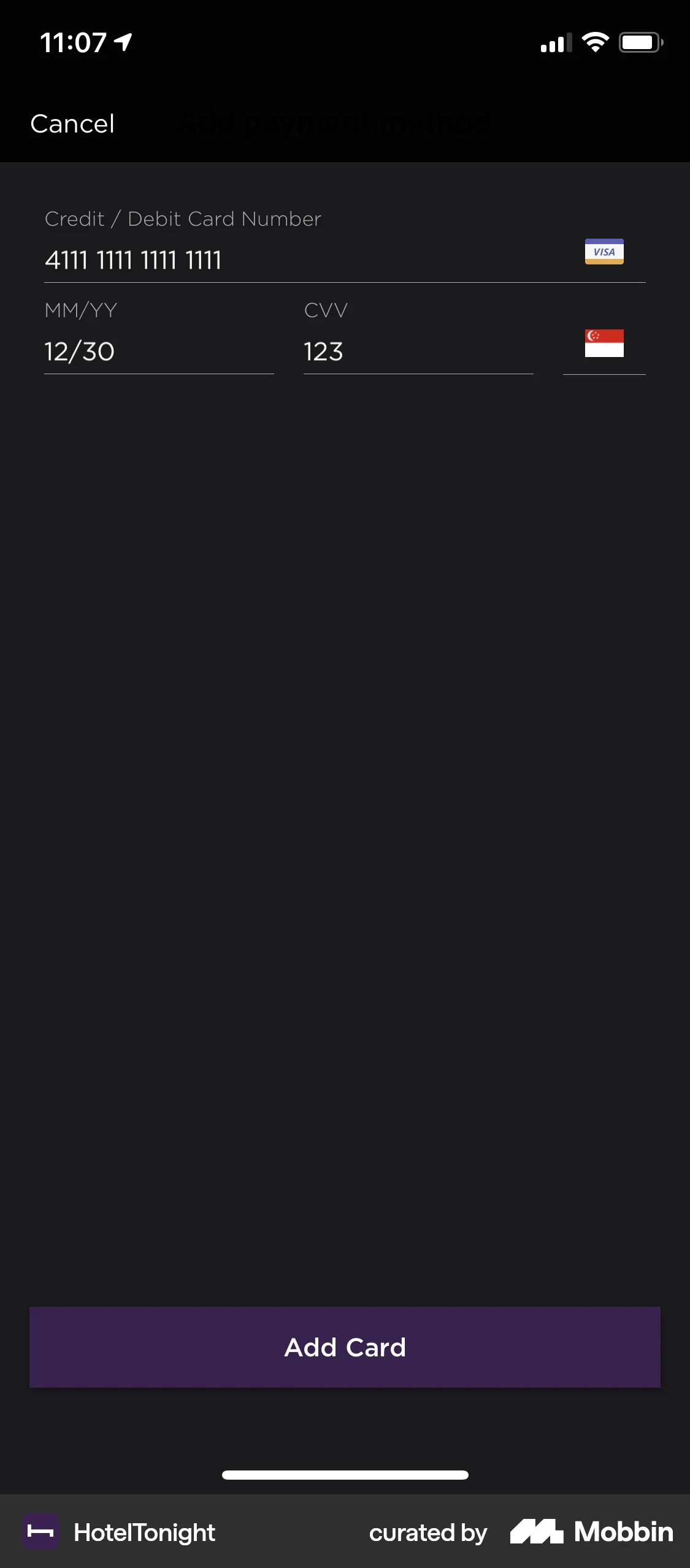 HotelTonight iOS Payment Method screen