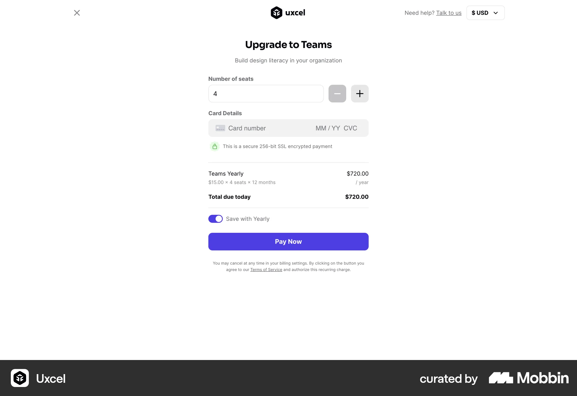 Uxcel Web Checkout screen