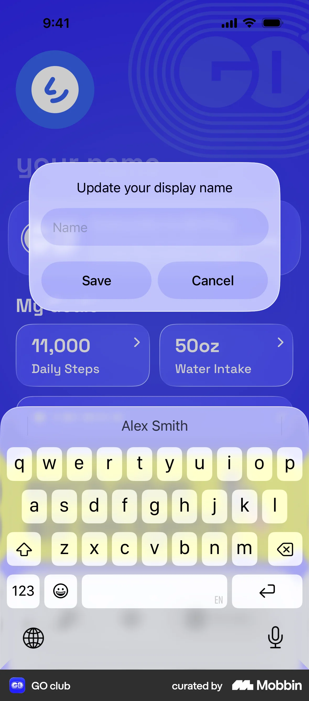 GO Club iOS Glassmorphism screen