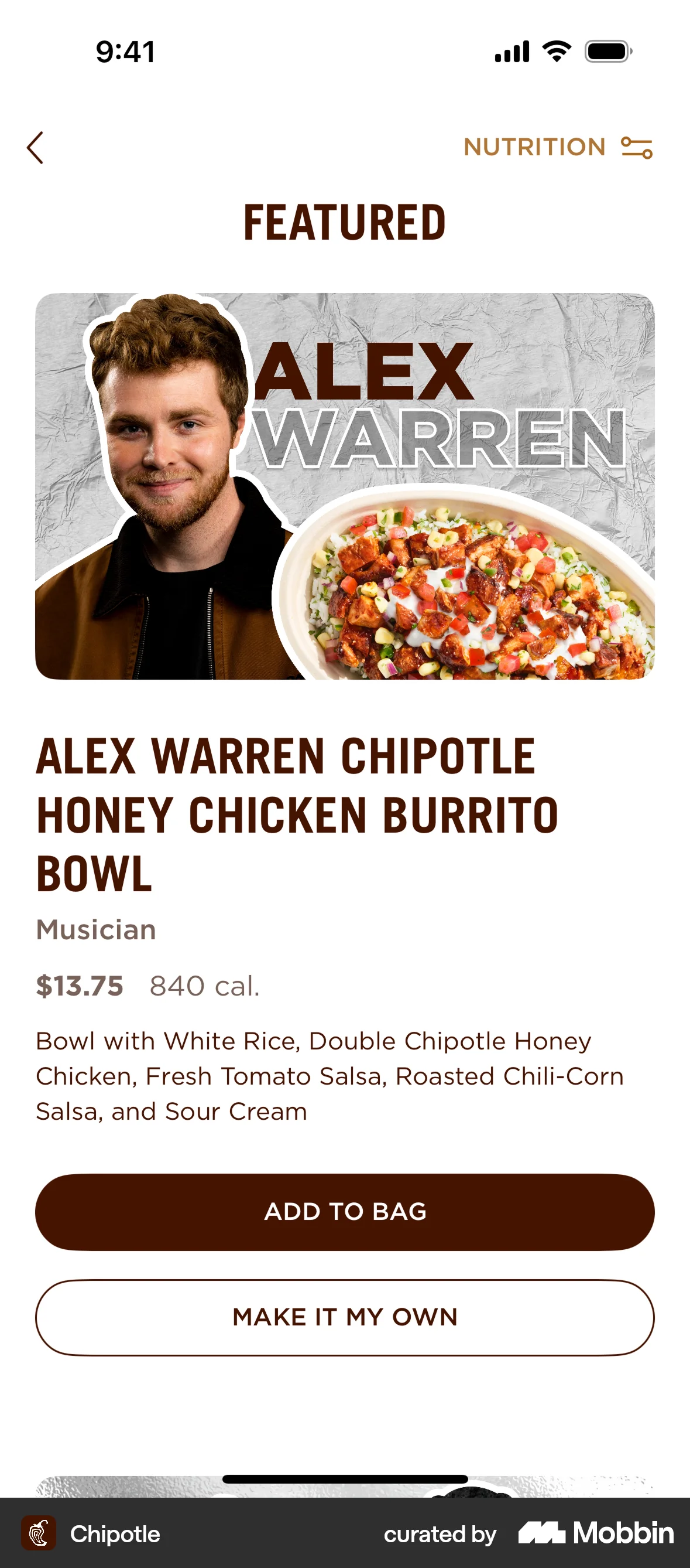 Chipotle iOS Product Detail screen