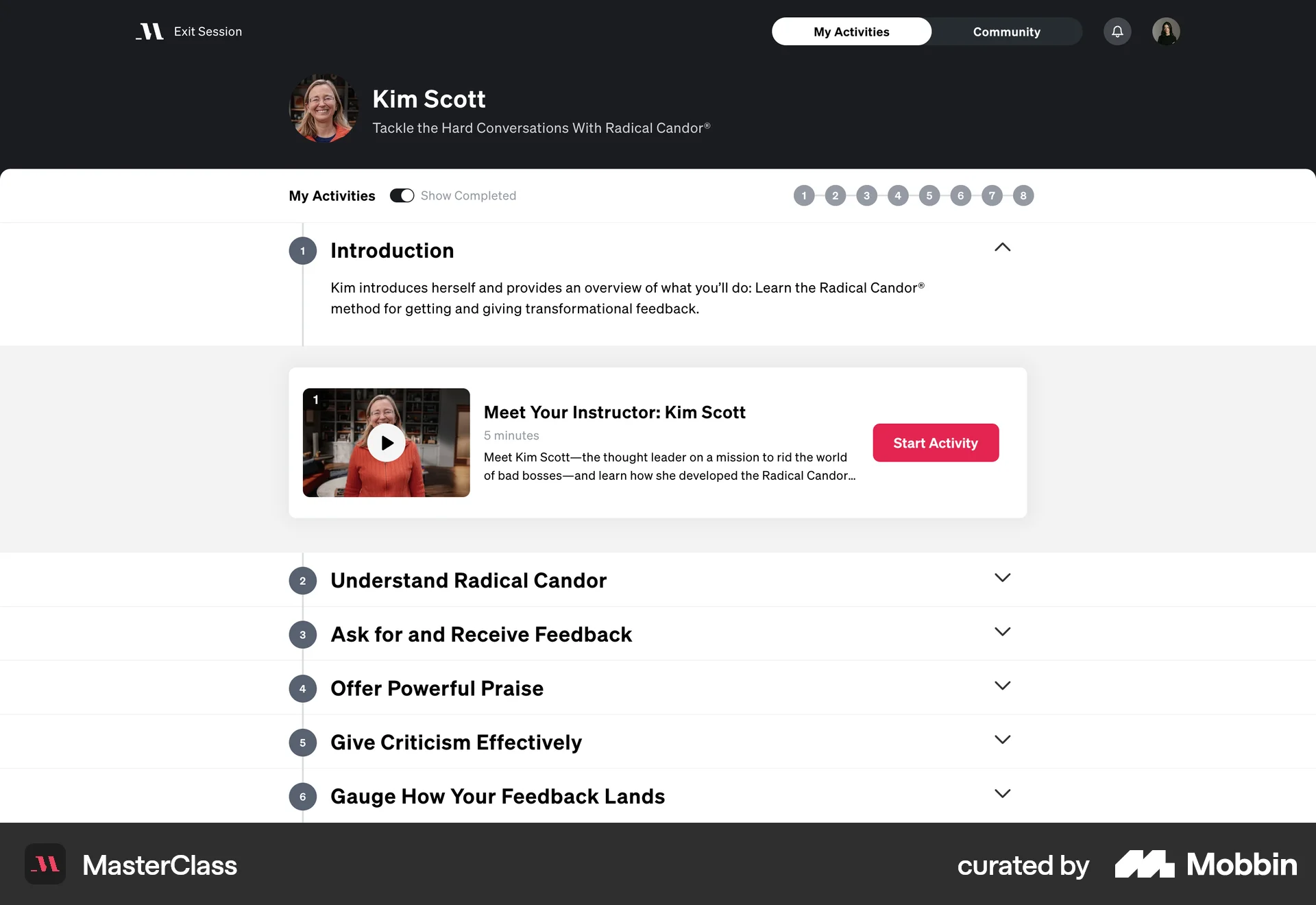 MasterClass Web screen containing Switch UI element