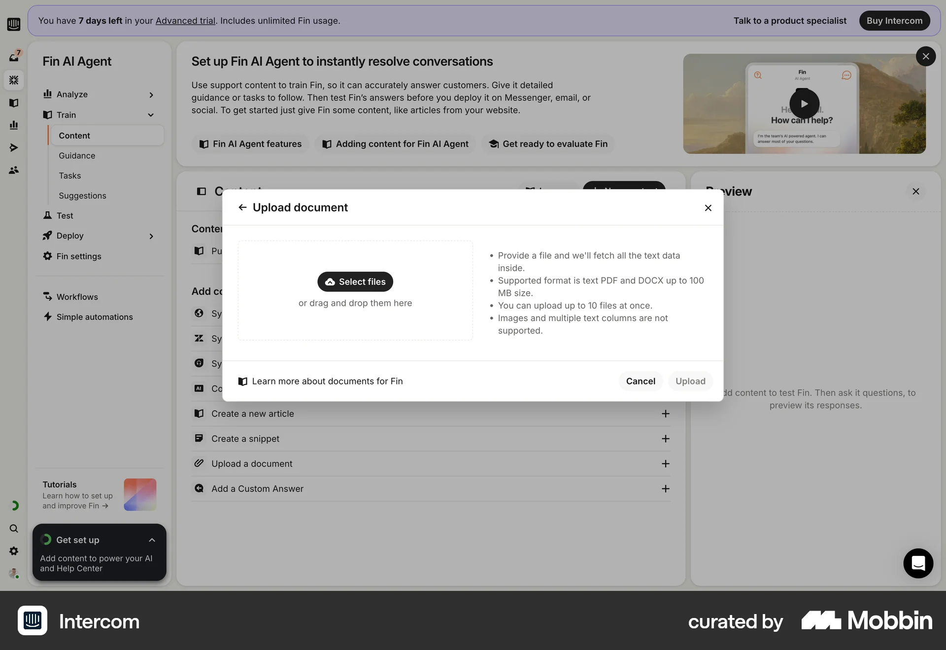 Intercom Web screen containing File Upload UI element