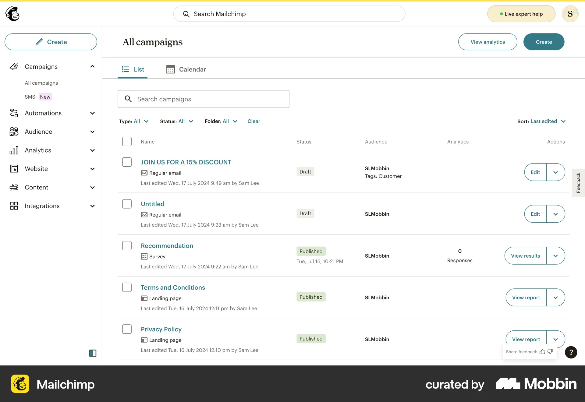 Mailchimp Web screen containing Table UI element