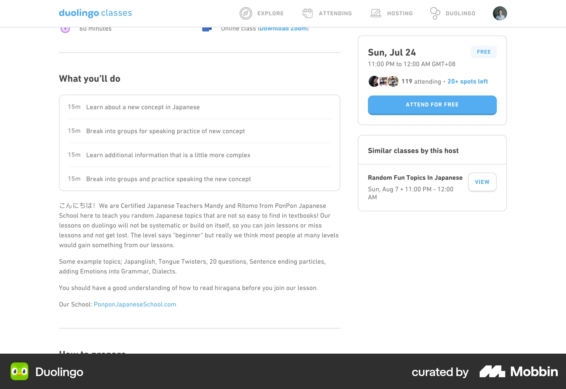 Duolingo Web Event Detail screen