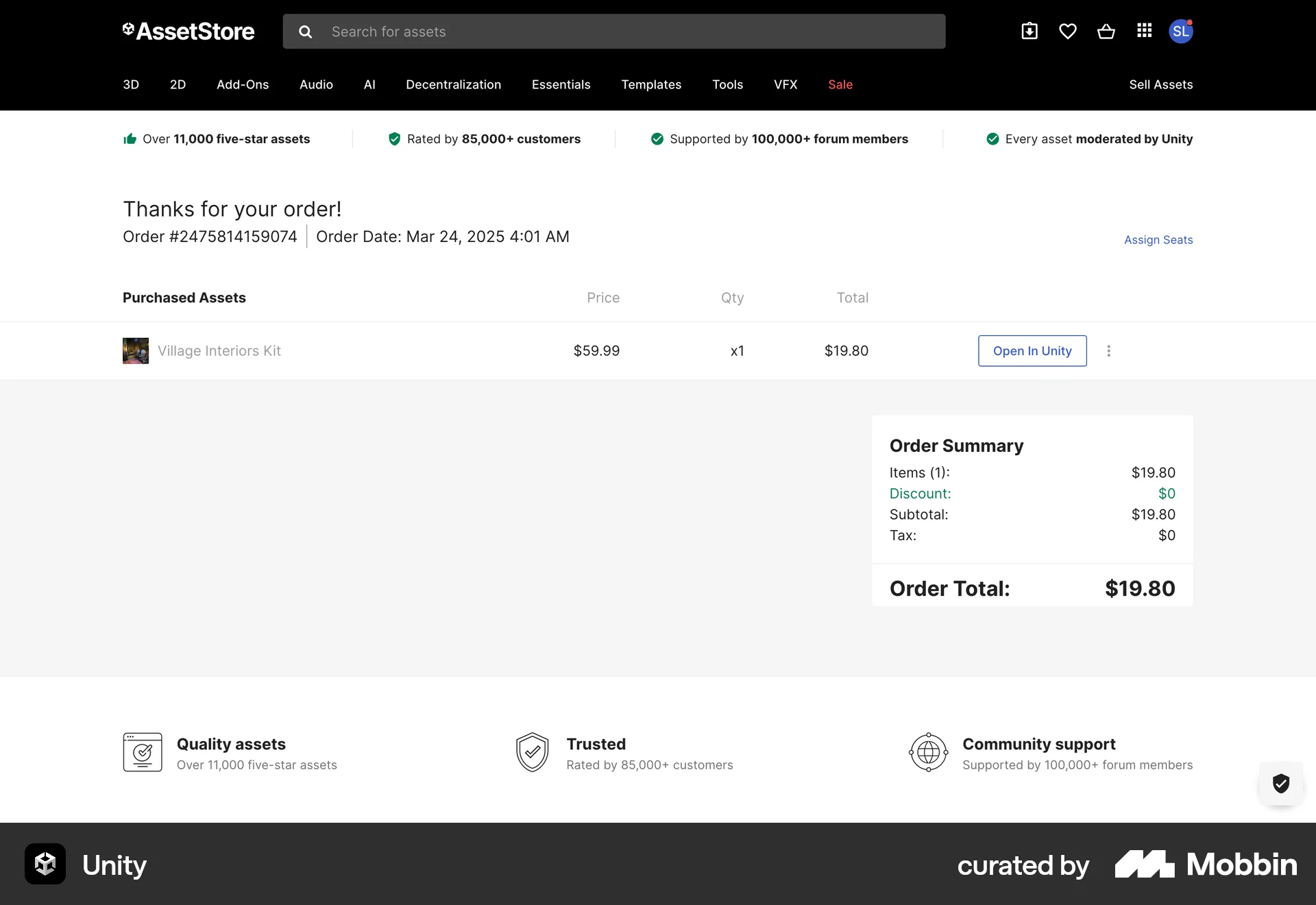 Unity Web Order Confirmation screen