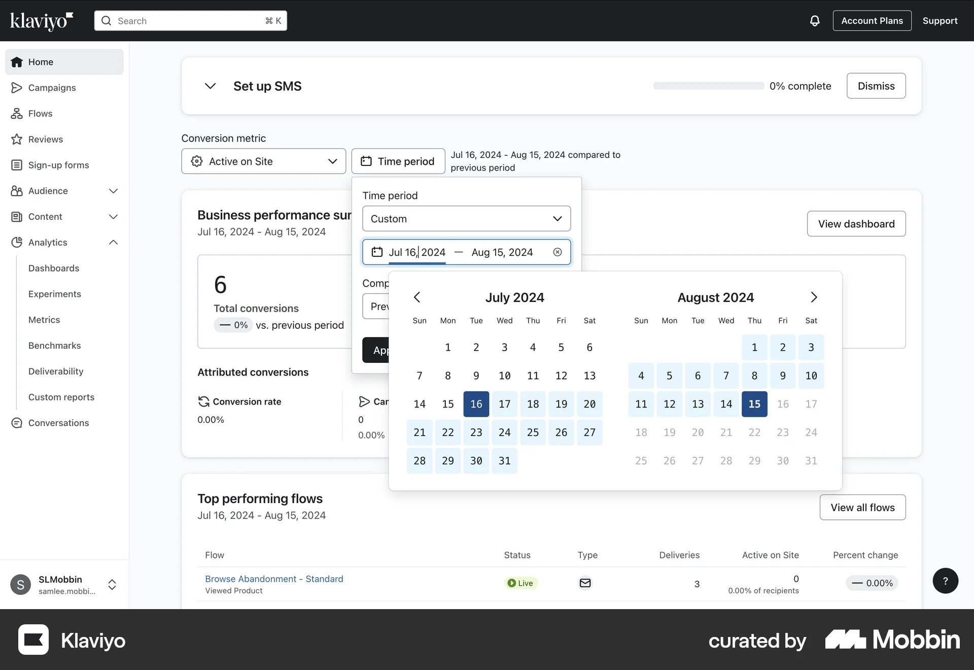 Klaviyo Web screen containing Date Picker UI element