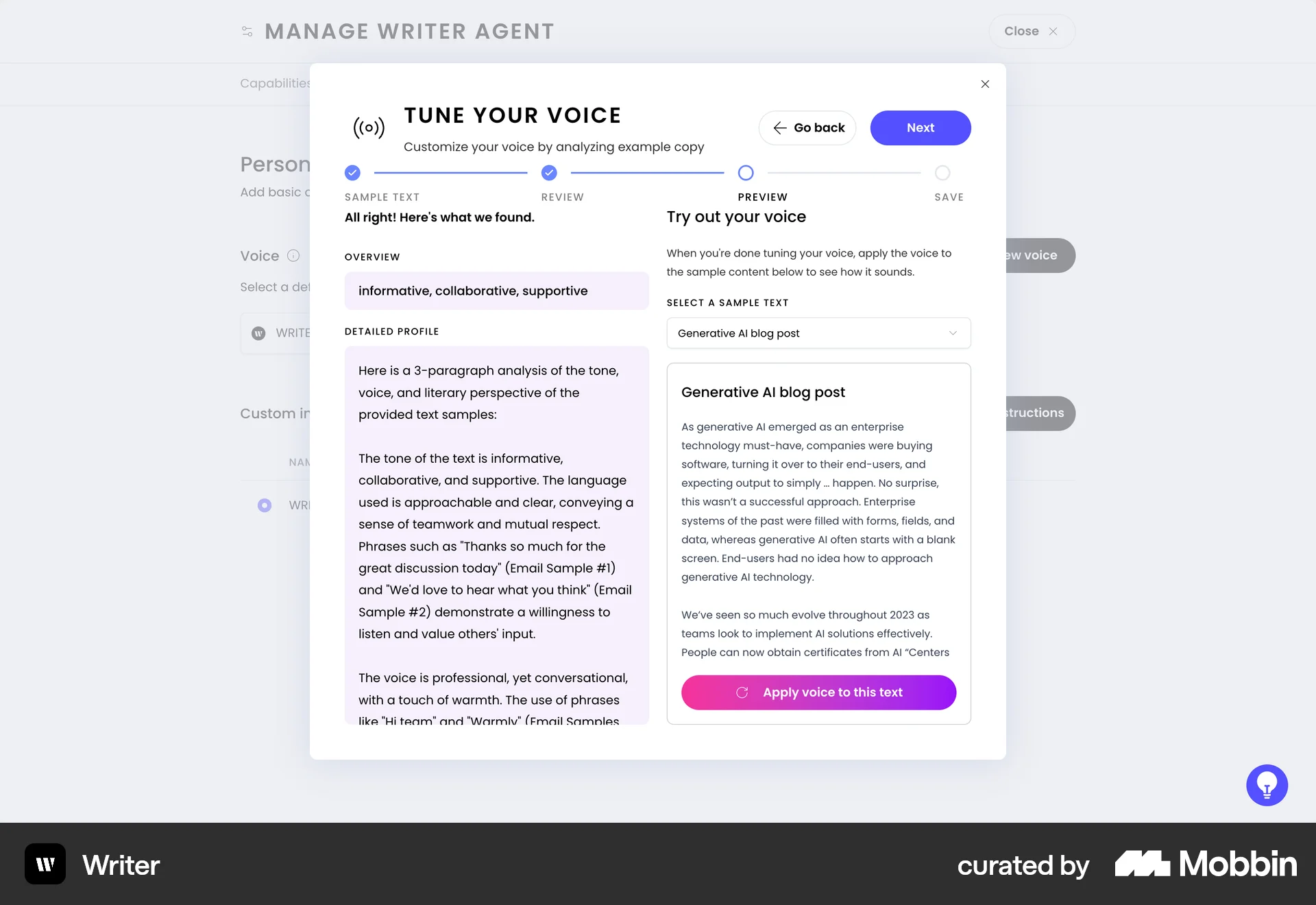 WRITER Web screen containing Modal UI UI element