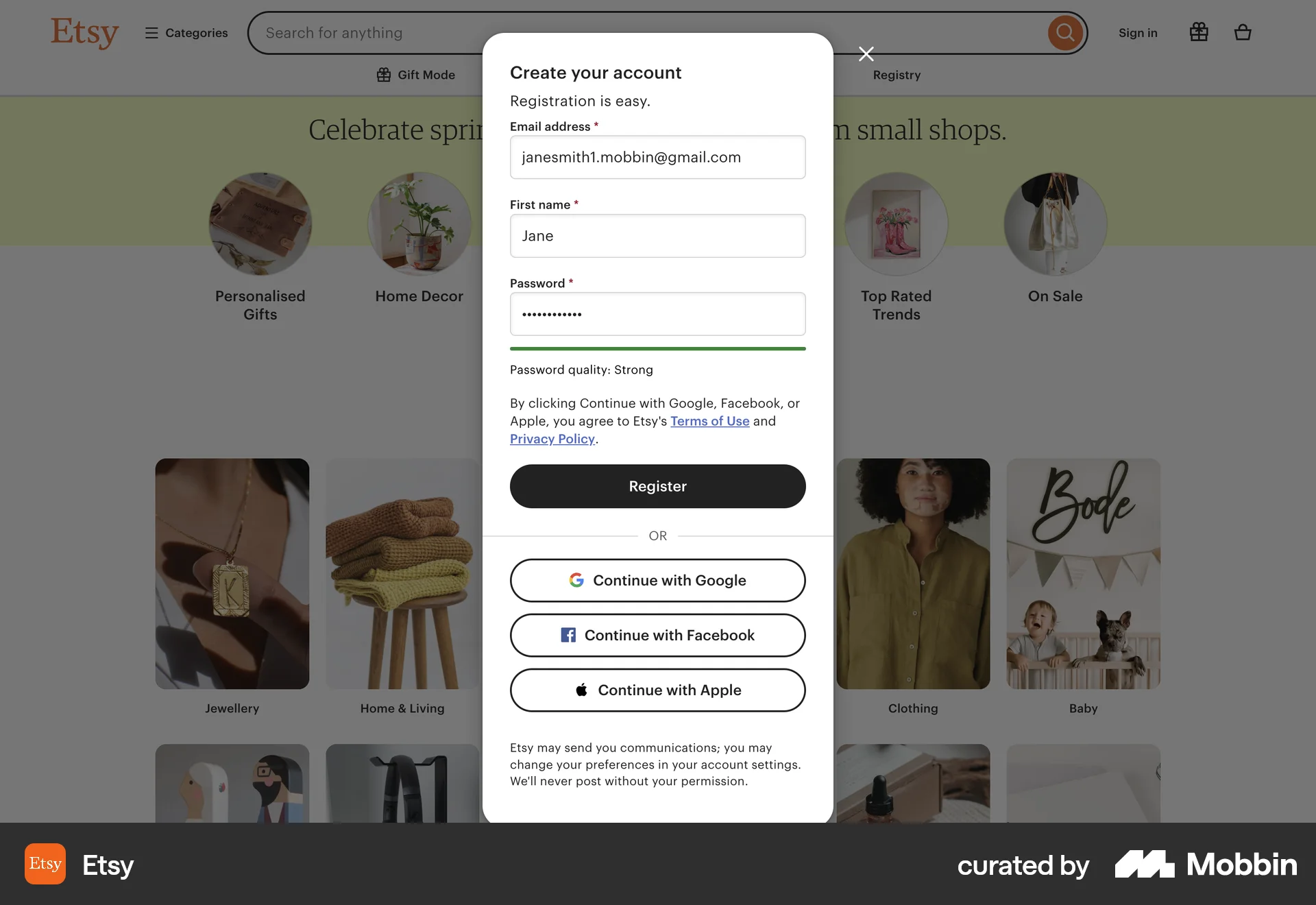 Etsy Web Signup screen