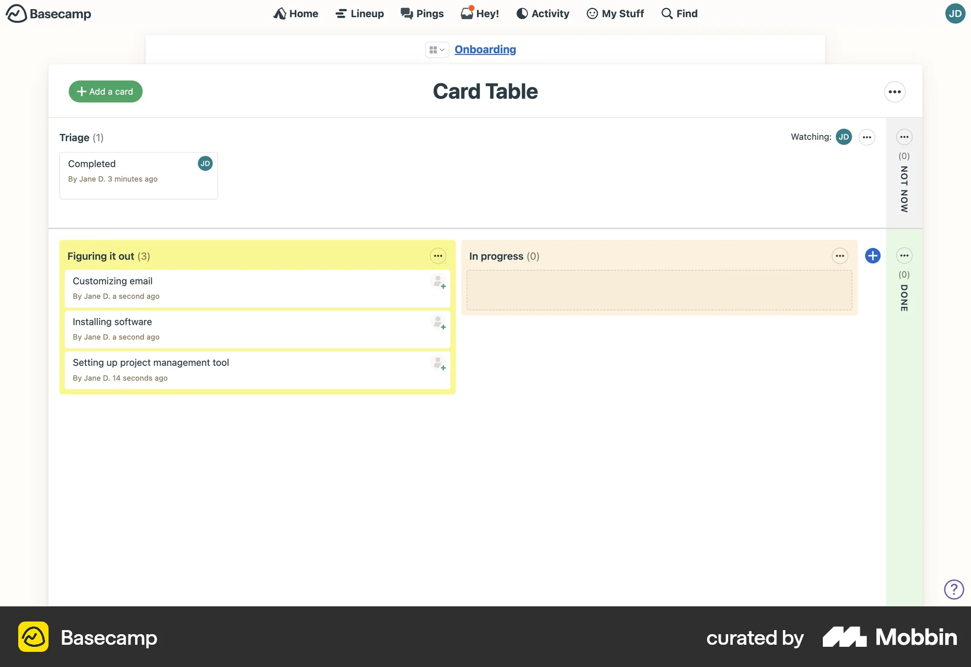 Basecamp Web Kanban Board screen