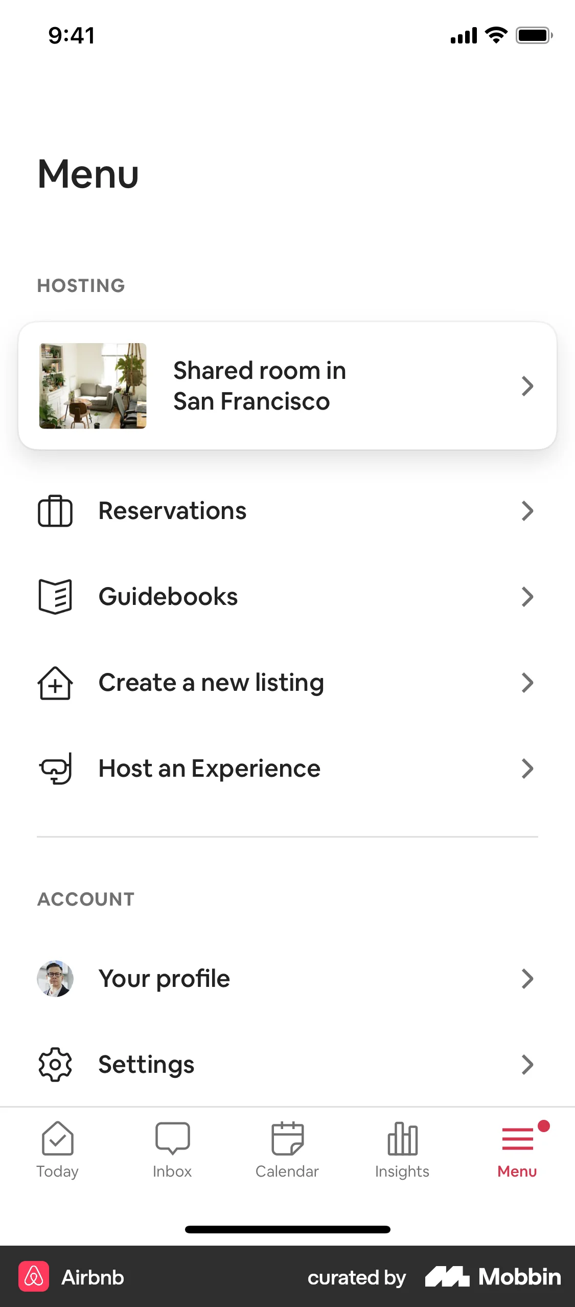 Airbnb iOS screen containing Tab Bar UI element
