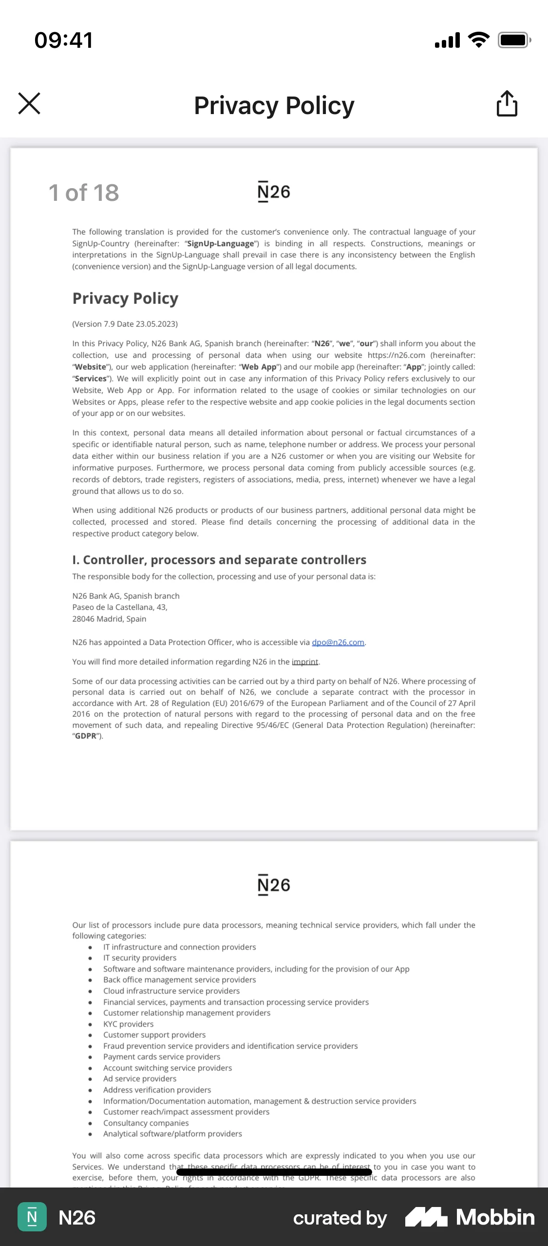 N26 iOS Privacy Policy screen