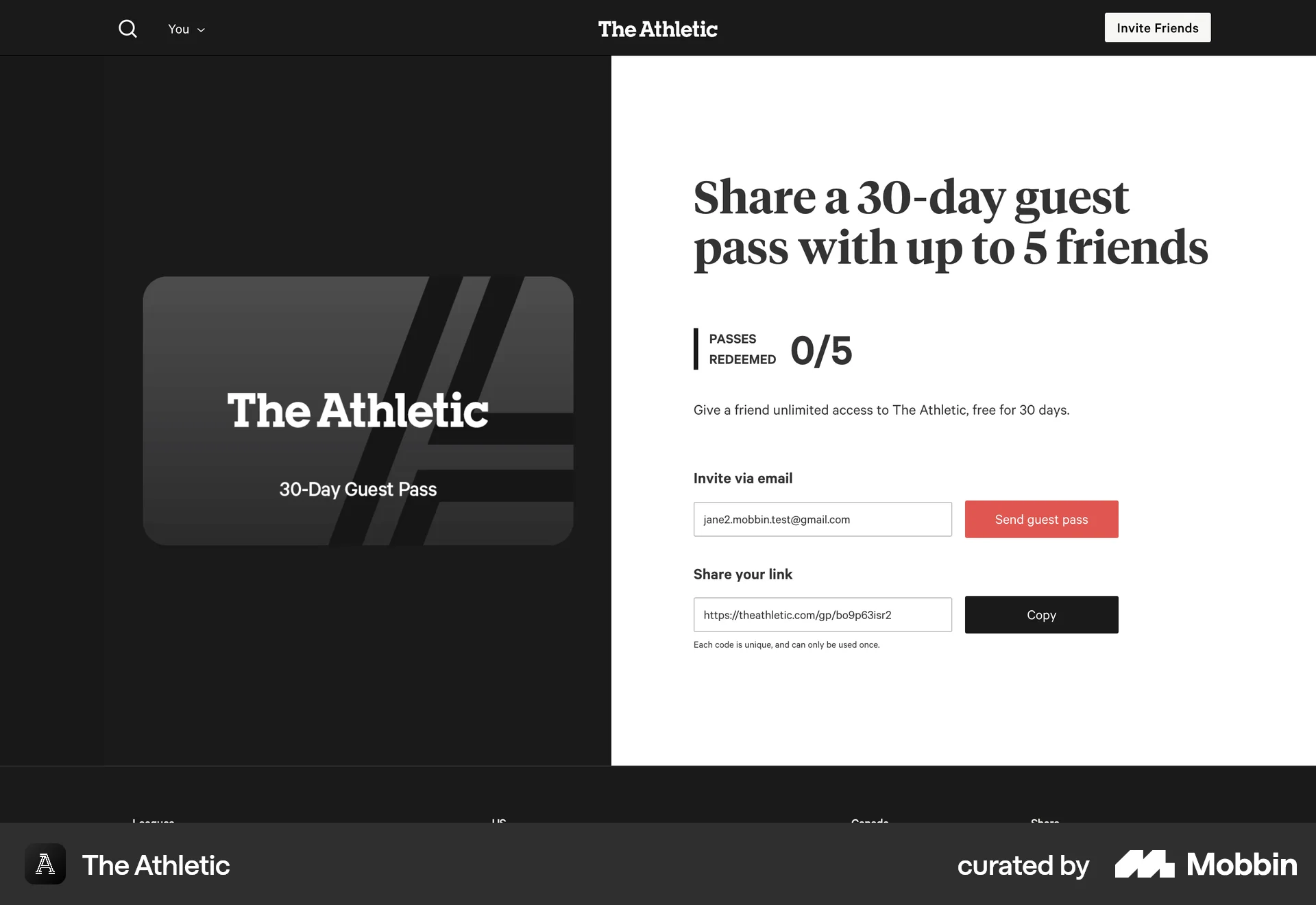 The Athletic Web Invite & Refer Friends screen