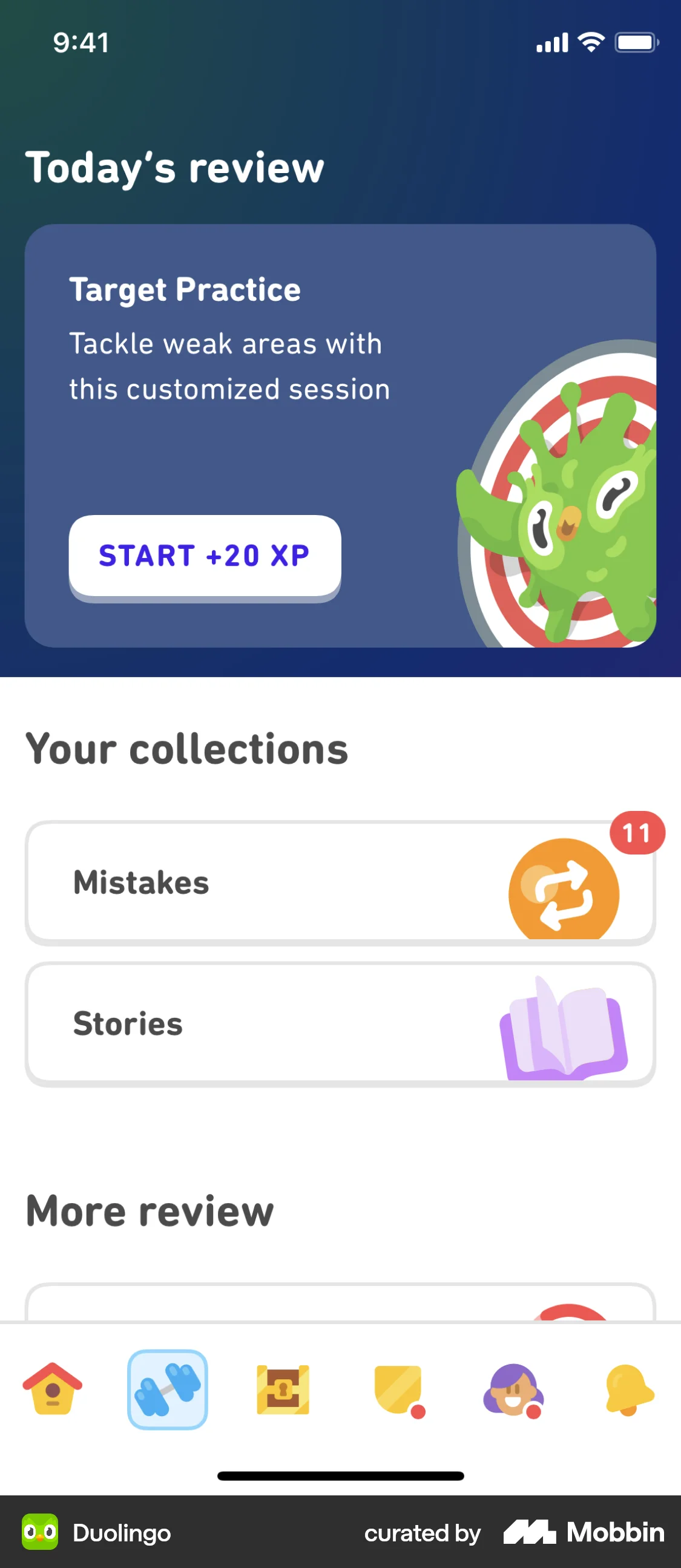 Duolingo iOS screen containing Tab Bar UI element