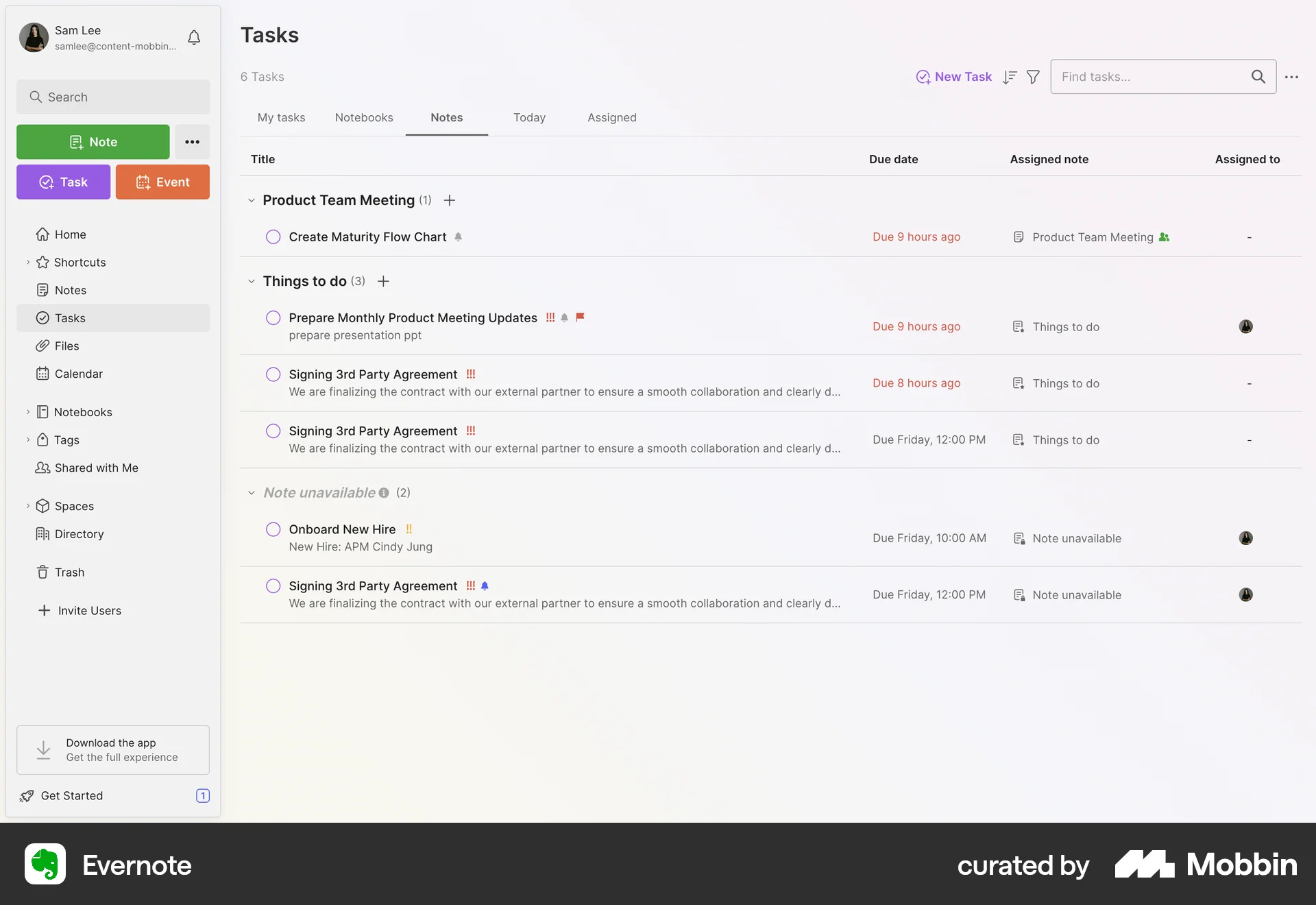 Evernote Web screen containing Table UI element