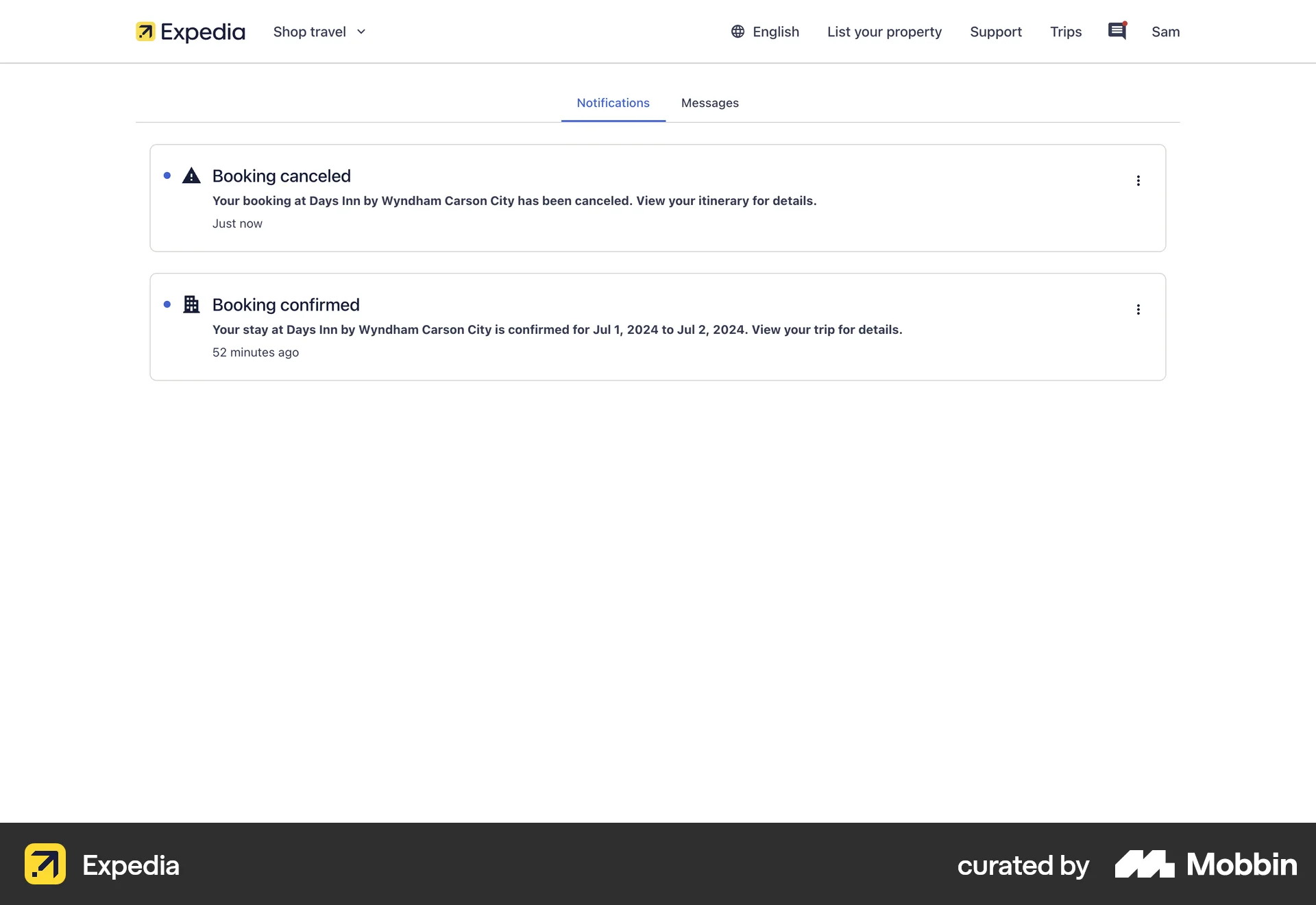 Expedia Web Notifications screen