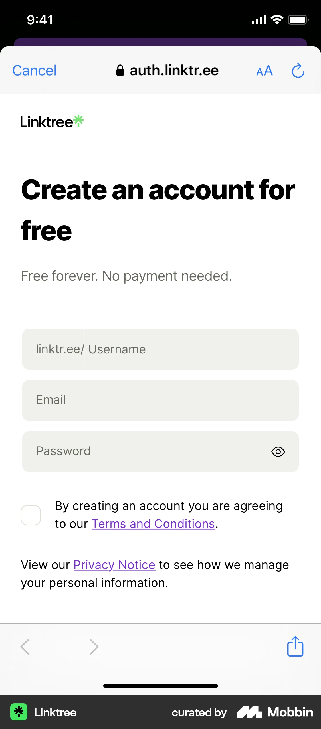 Linktree iOS Browser screen