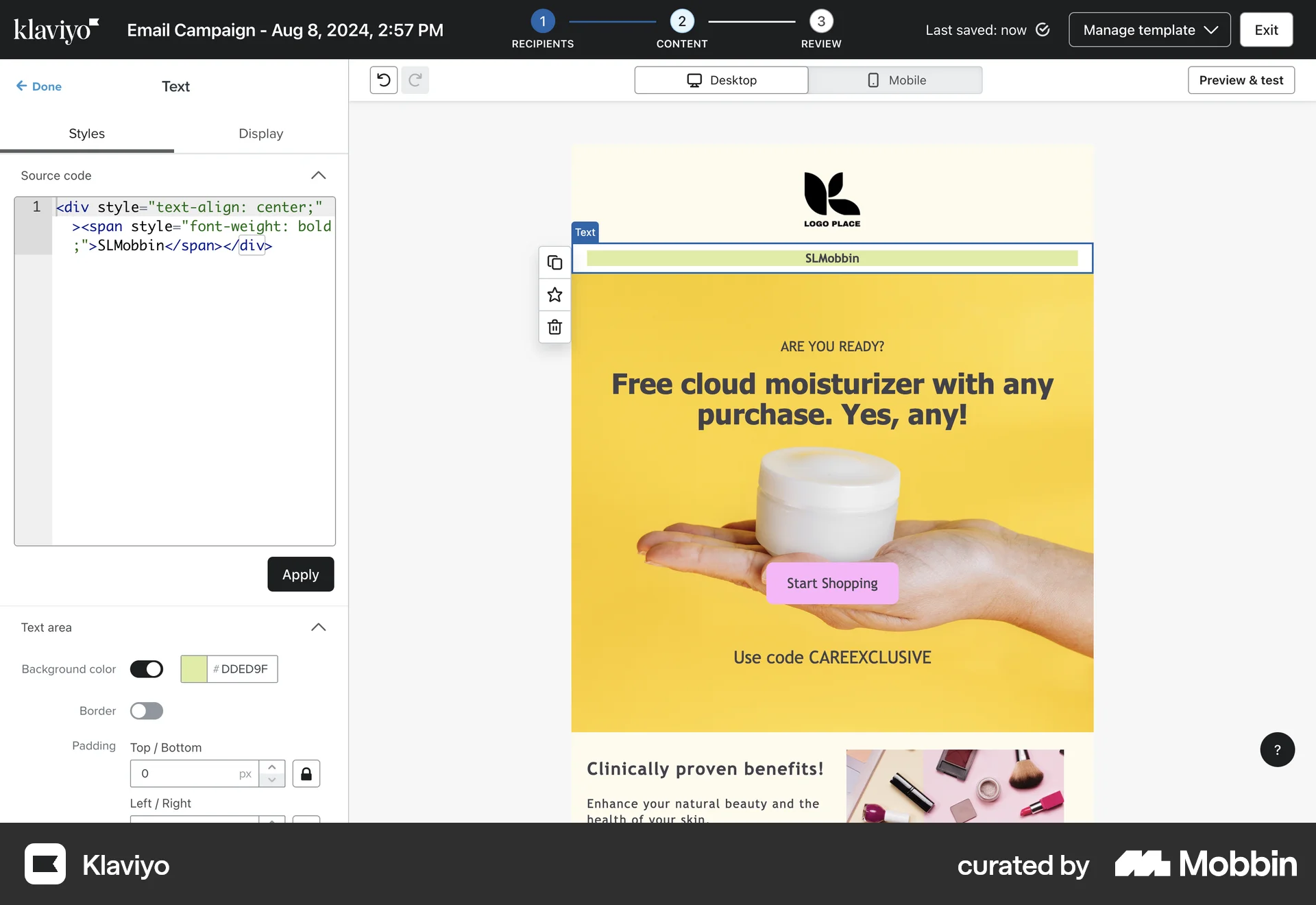Klaviyo Web Code Editor screen