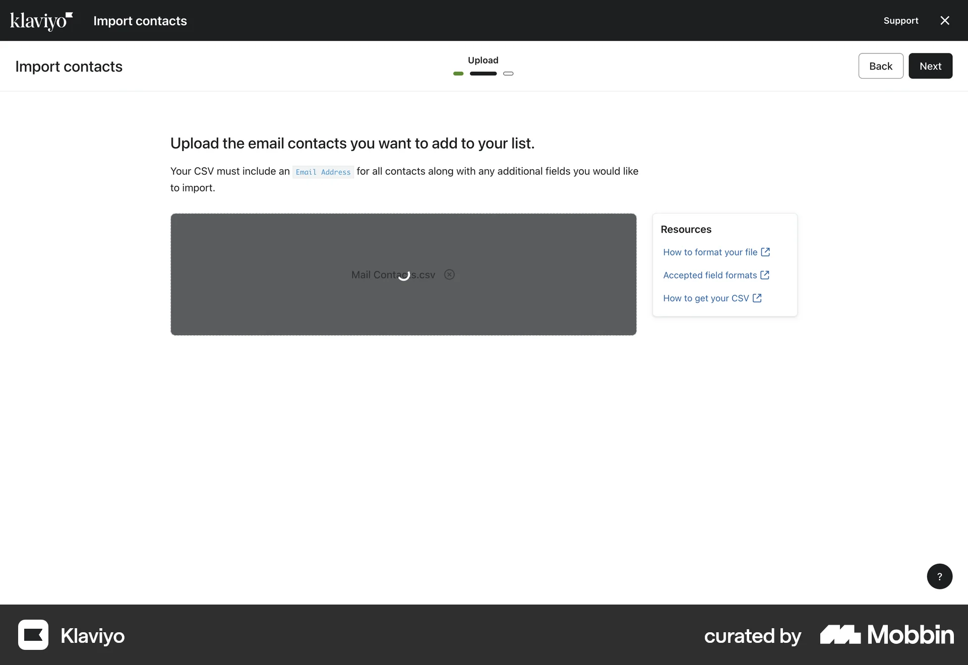 Klaviyo Web Import & Export screen