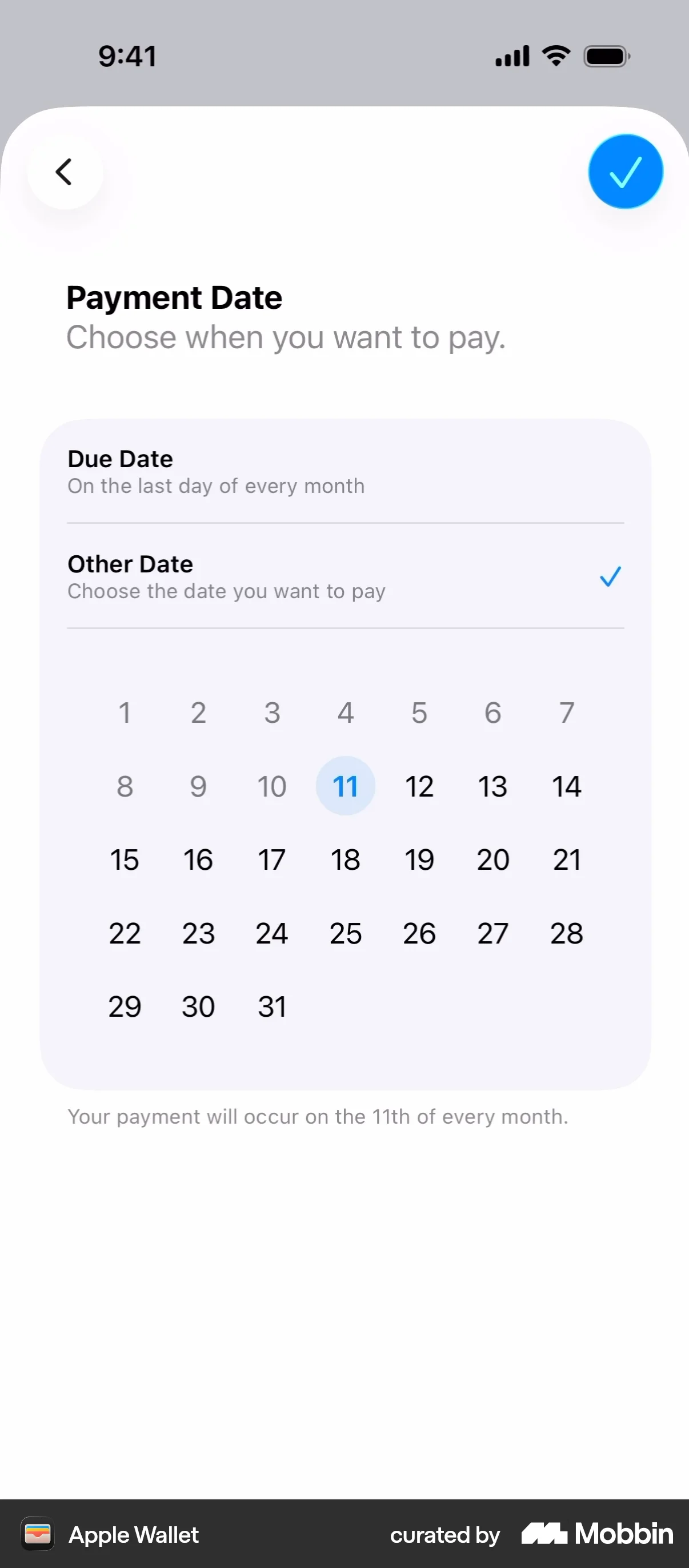 Apple Wallet iOS Calendar screen