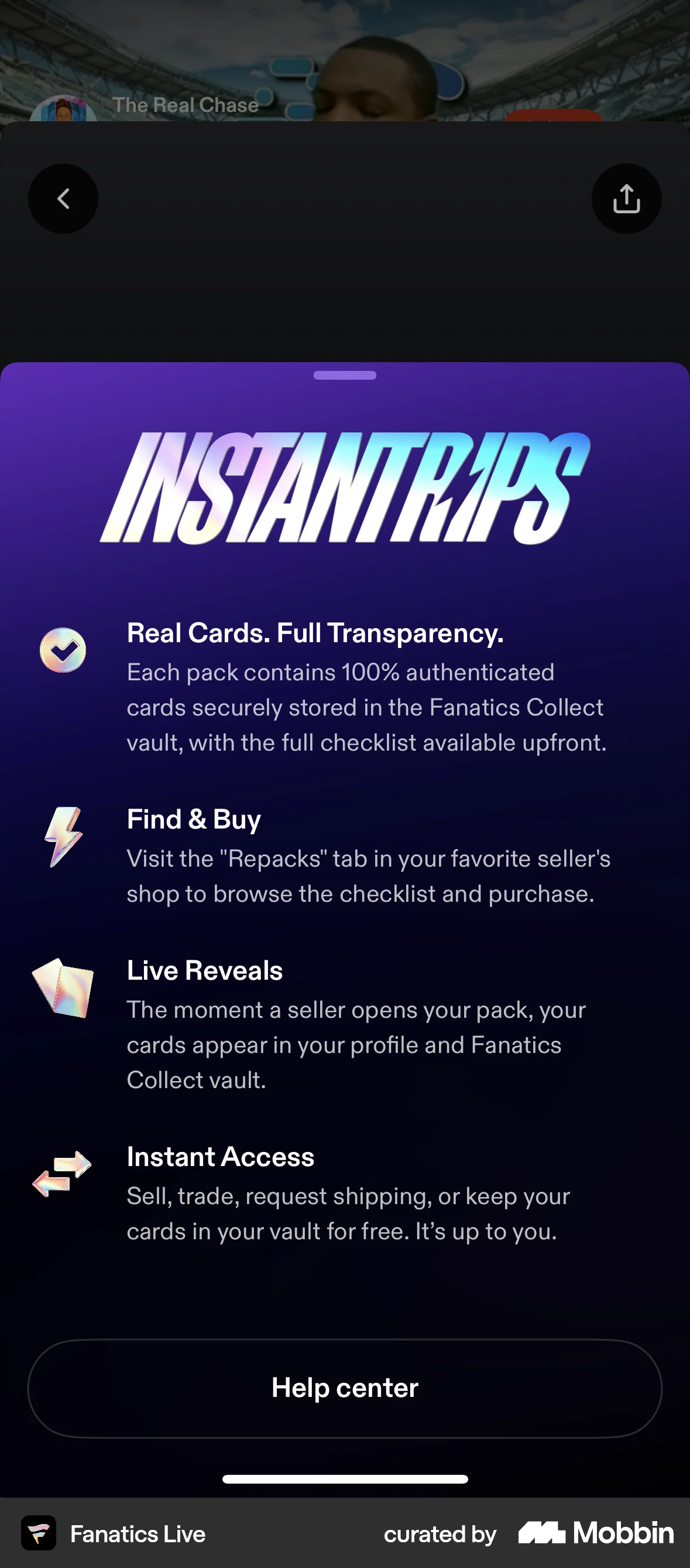 Fanatics Live iOS Feature Info screen