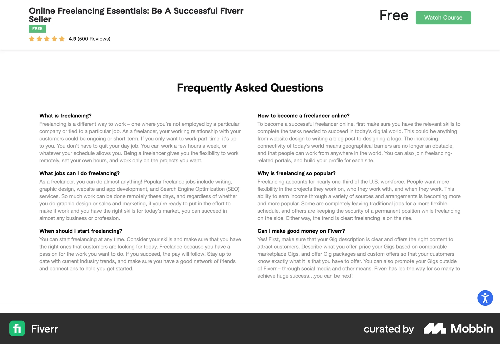 Fiverr Web Class & Lesson Detail screen
