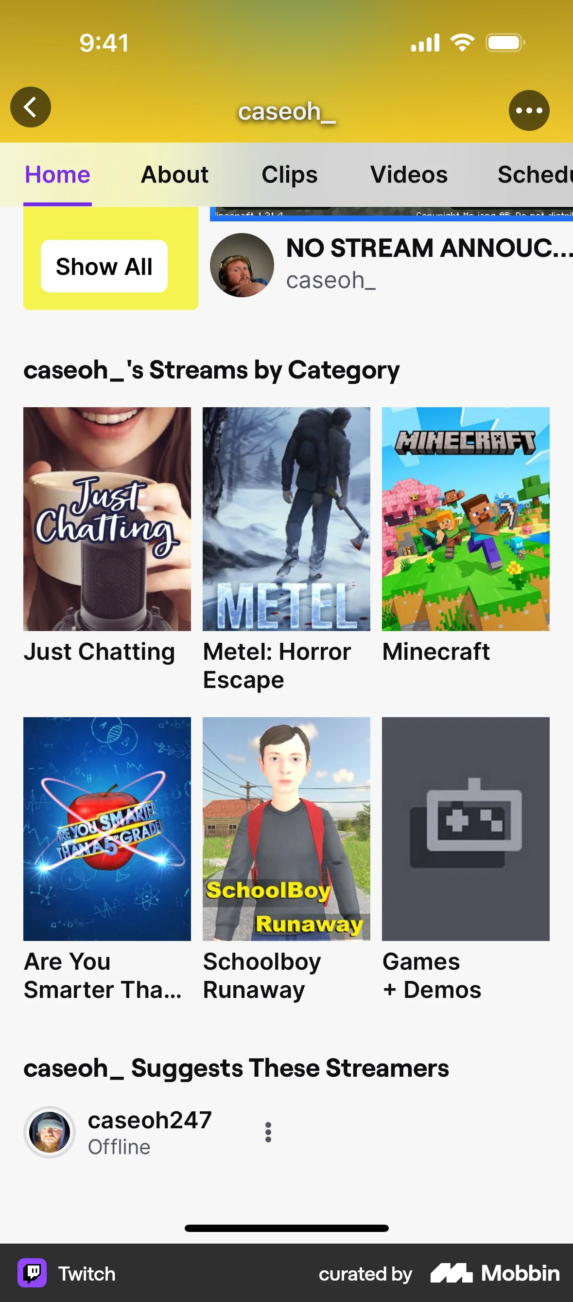 Twitch iOS Suggestions & Similar Items screen