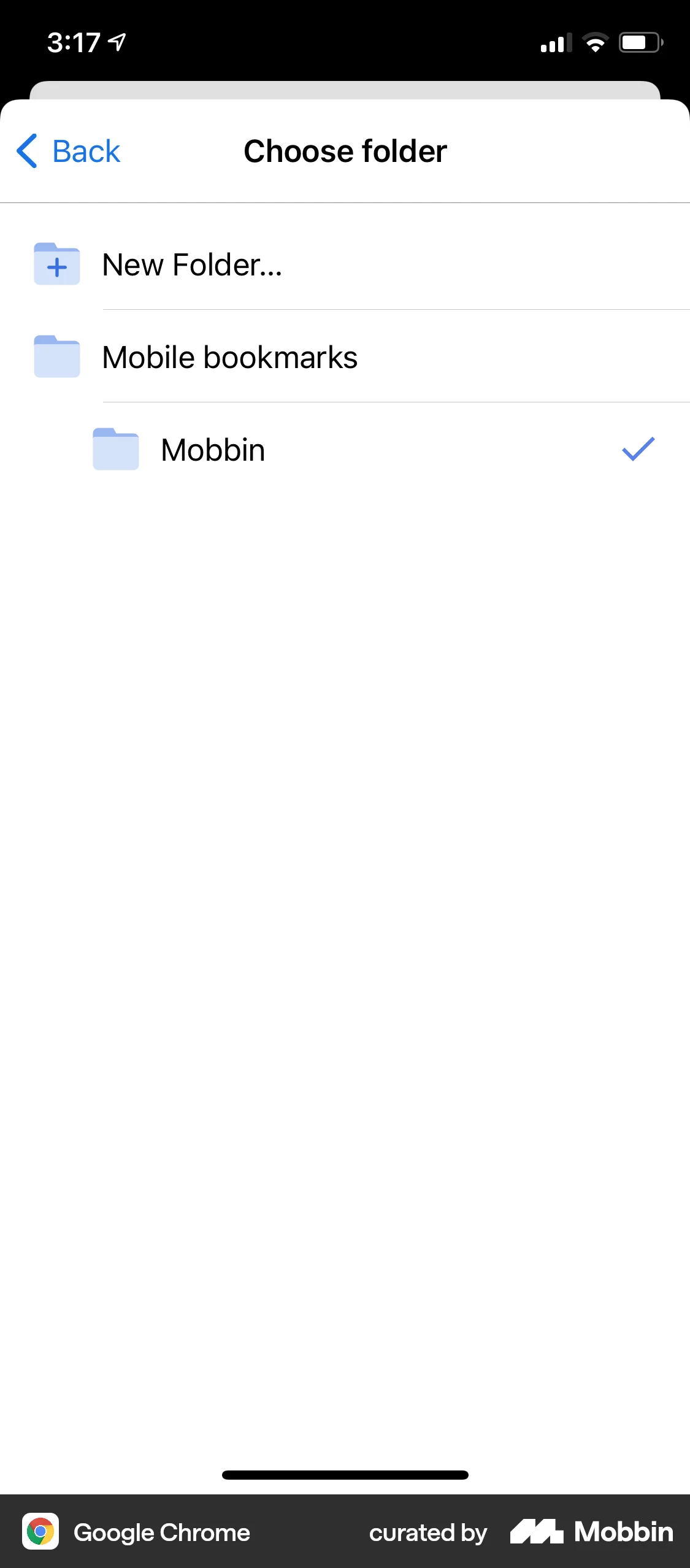 Google Chrome iOS Bookmarks & Collections screen