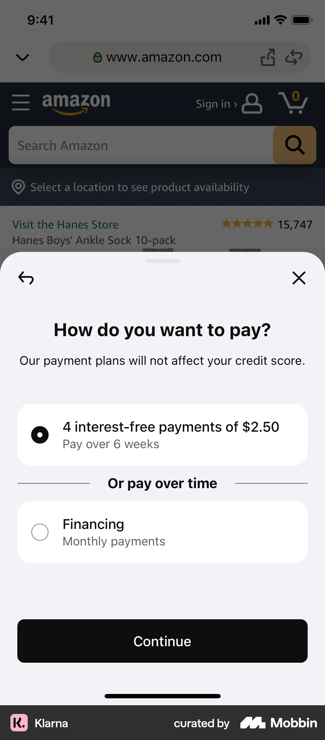 Klarna iOS screen containing Radio Button UI element