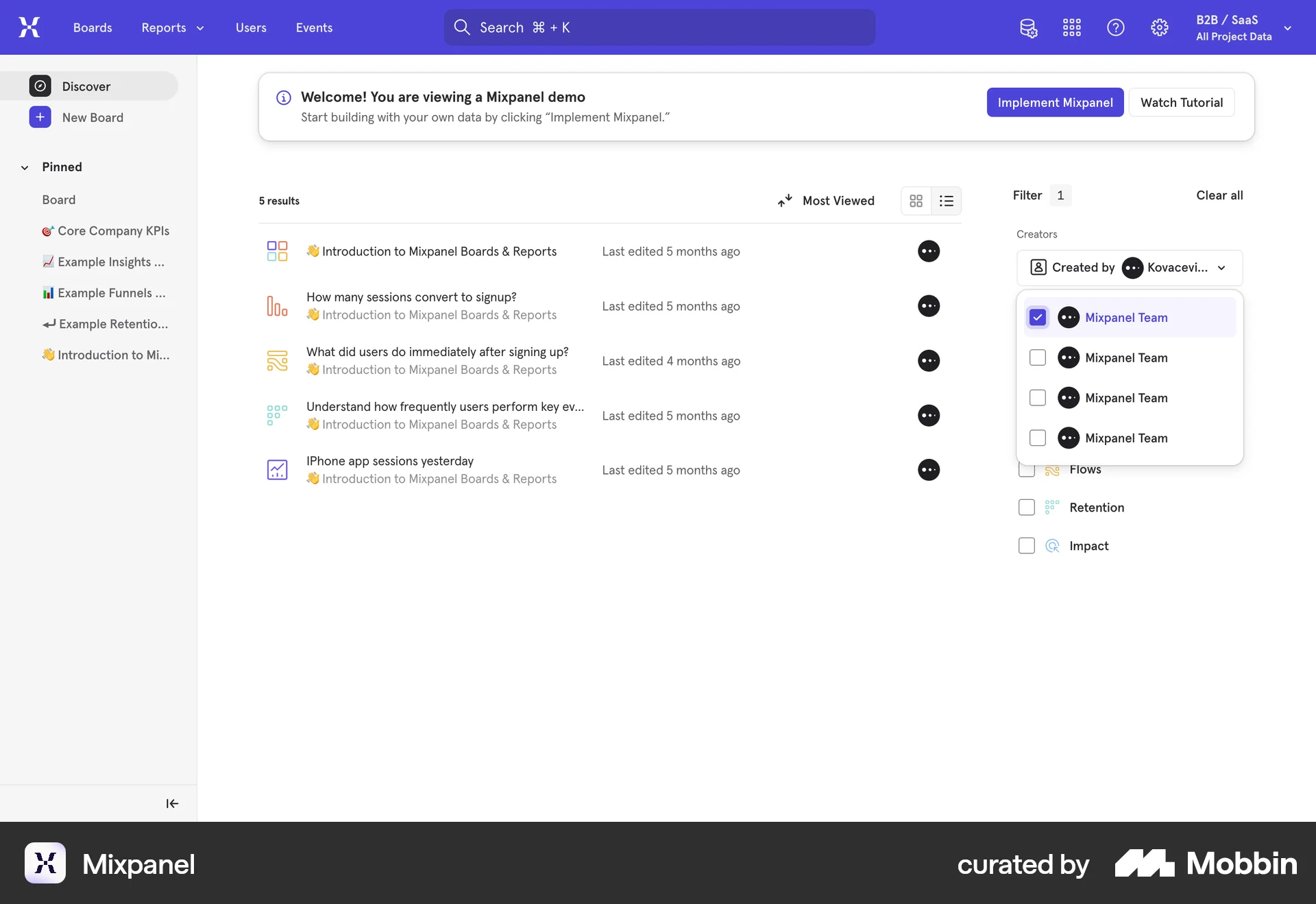 Mixpanel Web screen containing Filter Panel UI UI element