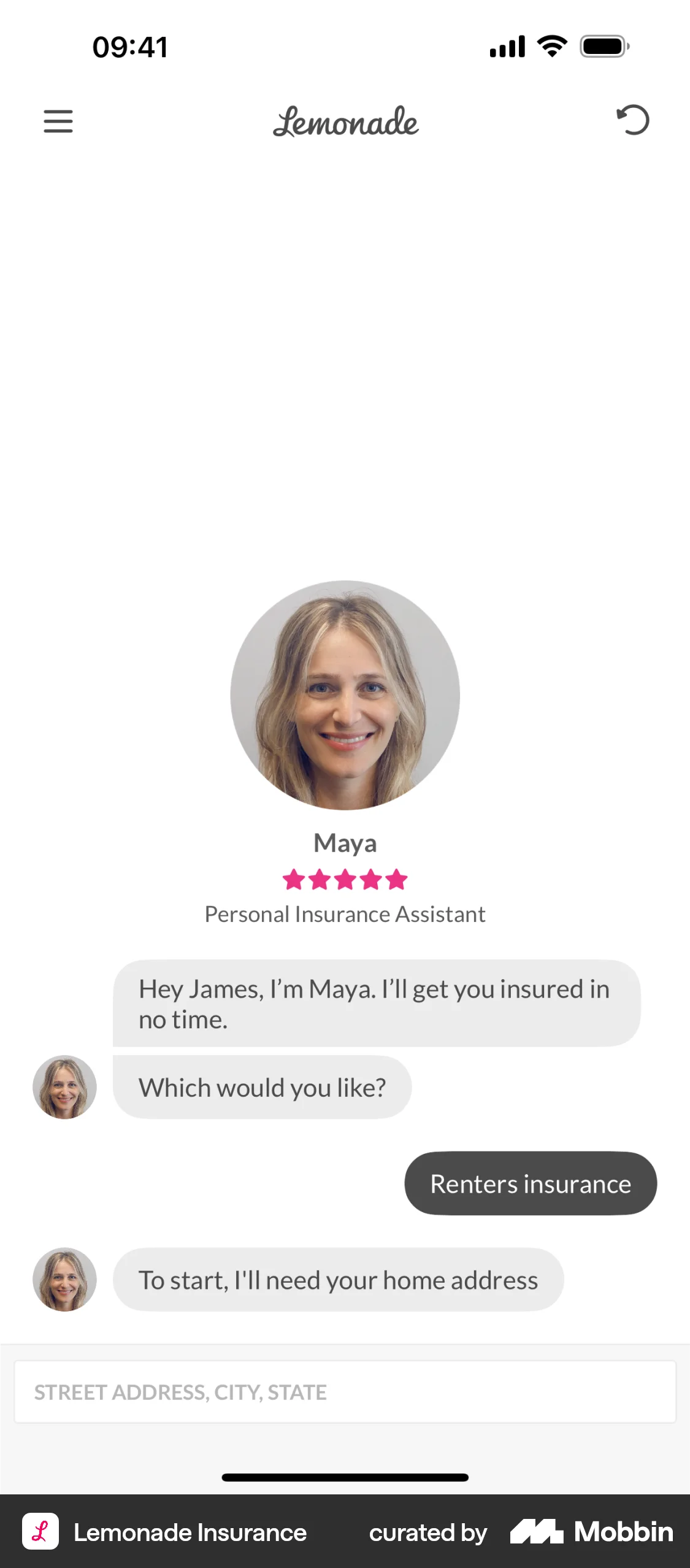 Lemonade Insurance iOS Chat Bot screen