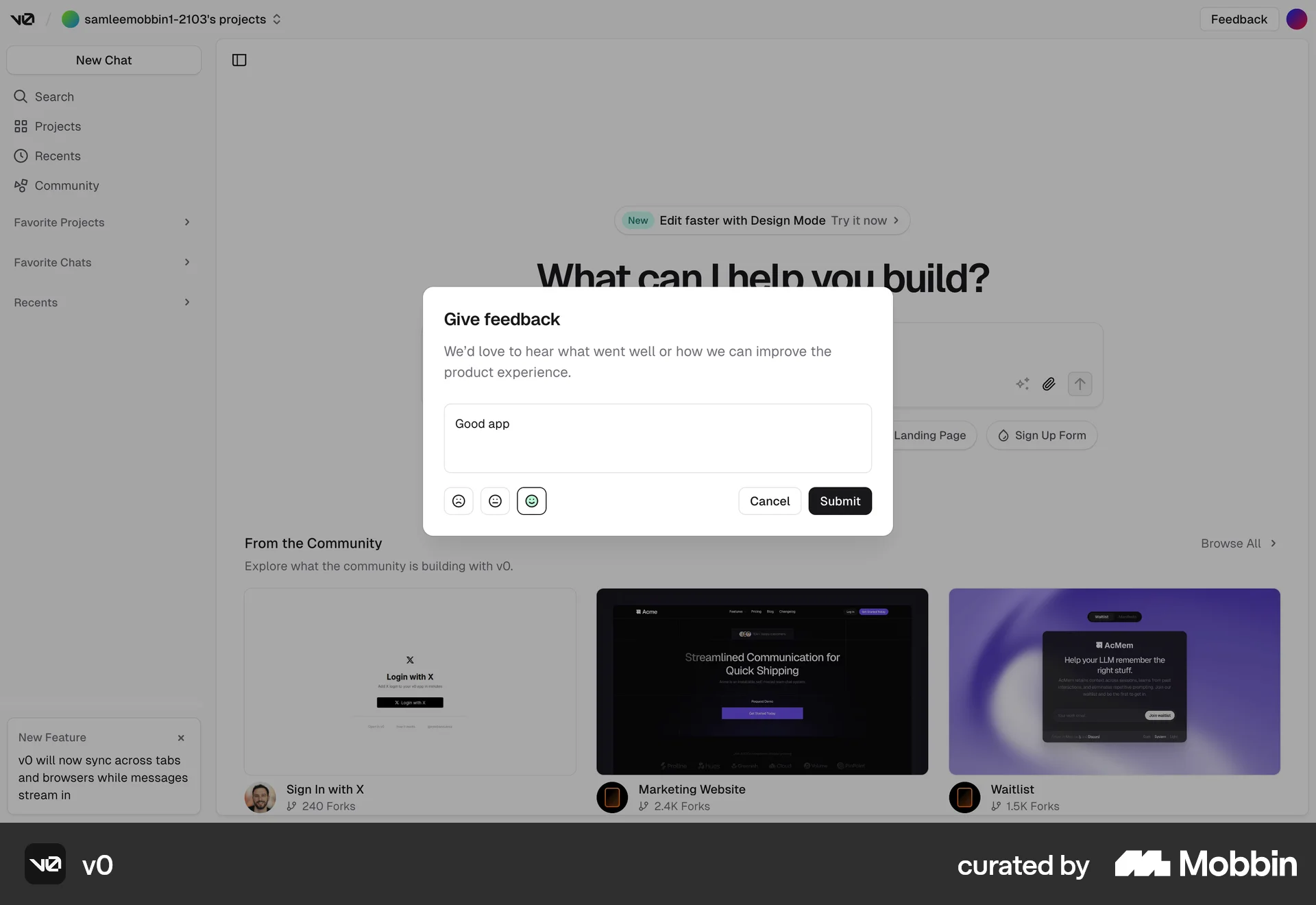 v0 Web Feedback screen