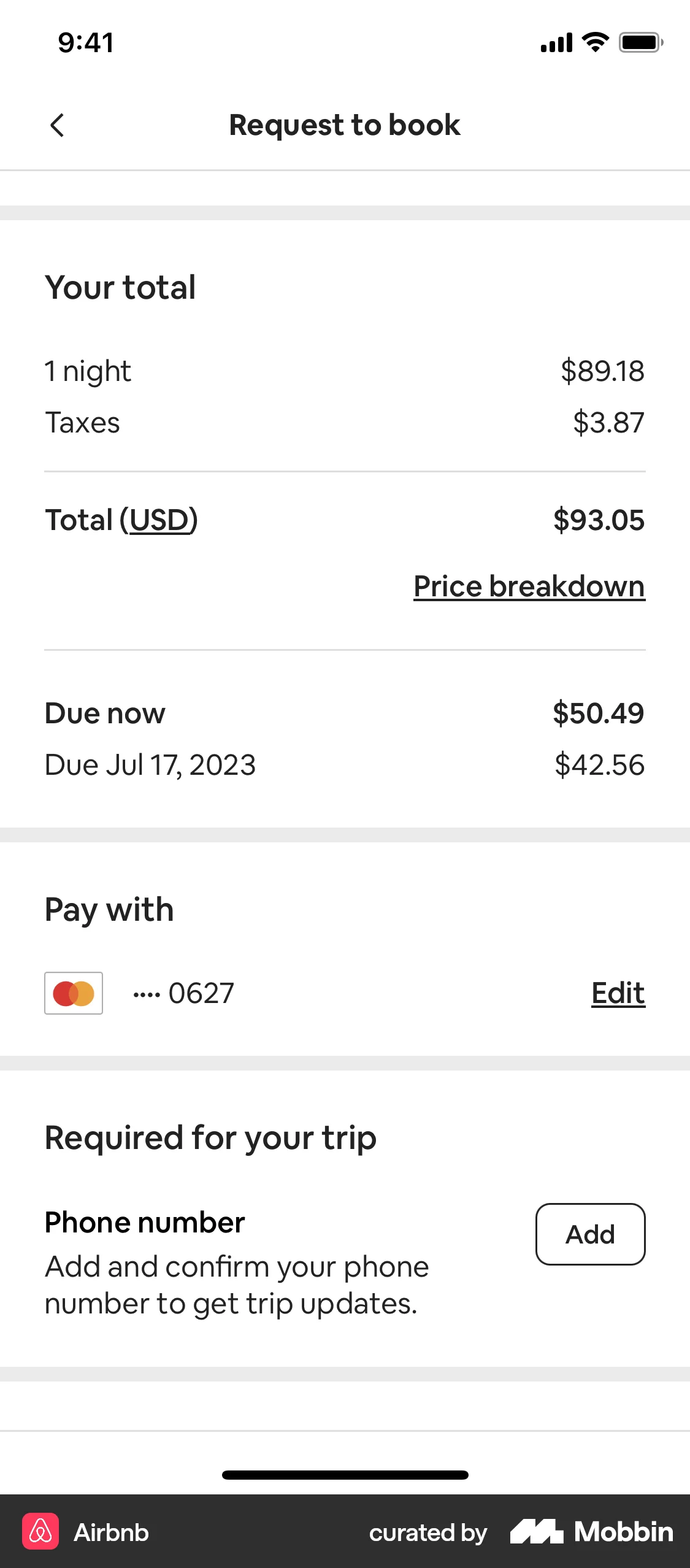 Airbnb iOS Checkout screen